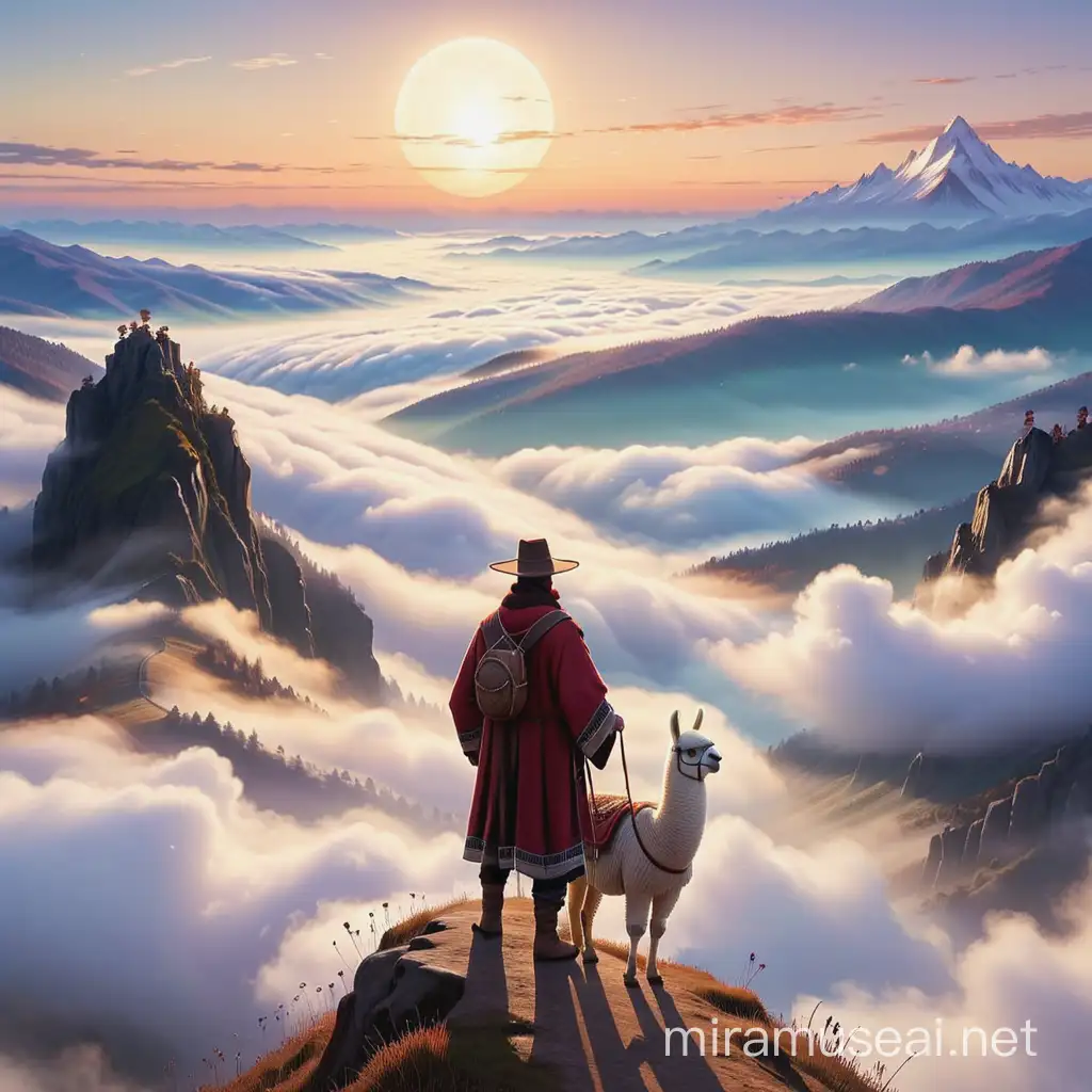 Ein Wanderer über dem Nebelmeer, aber mit Lama statt dem Mann