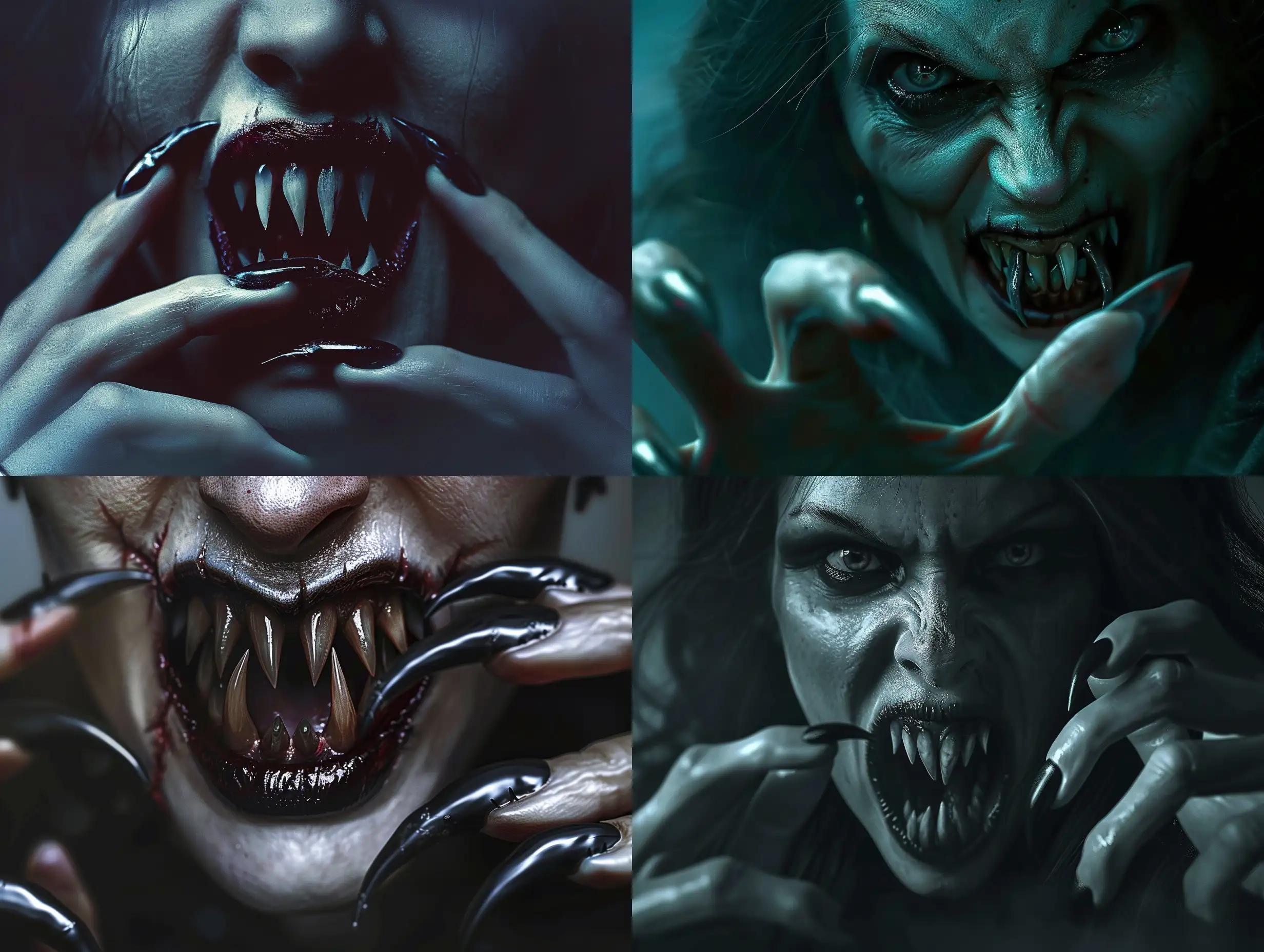 Photorealism of a monstrous female vampire with long, curved, pointed nails, exuding an aggressive and terrifying presence. Her pointed, crooked teeth convey a scary expression amidst a dark and atmospheric setting. The high-quality, photorealistic depiction should emphasize the aggressive and scary predator nature, showcasing detailed nails and fangs. The lighting should create an atmospheric and horrifying ambiance. The full-body portrayal should exhibit realistic hyper-detail, capturing playful character designs and full anatomical features, including distinctly human hands with five clear fingers without flaws.