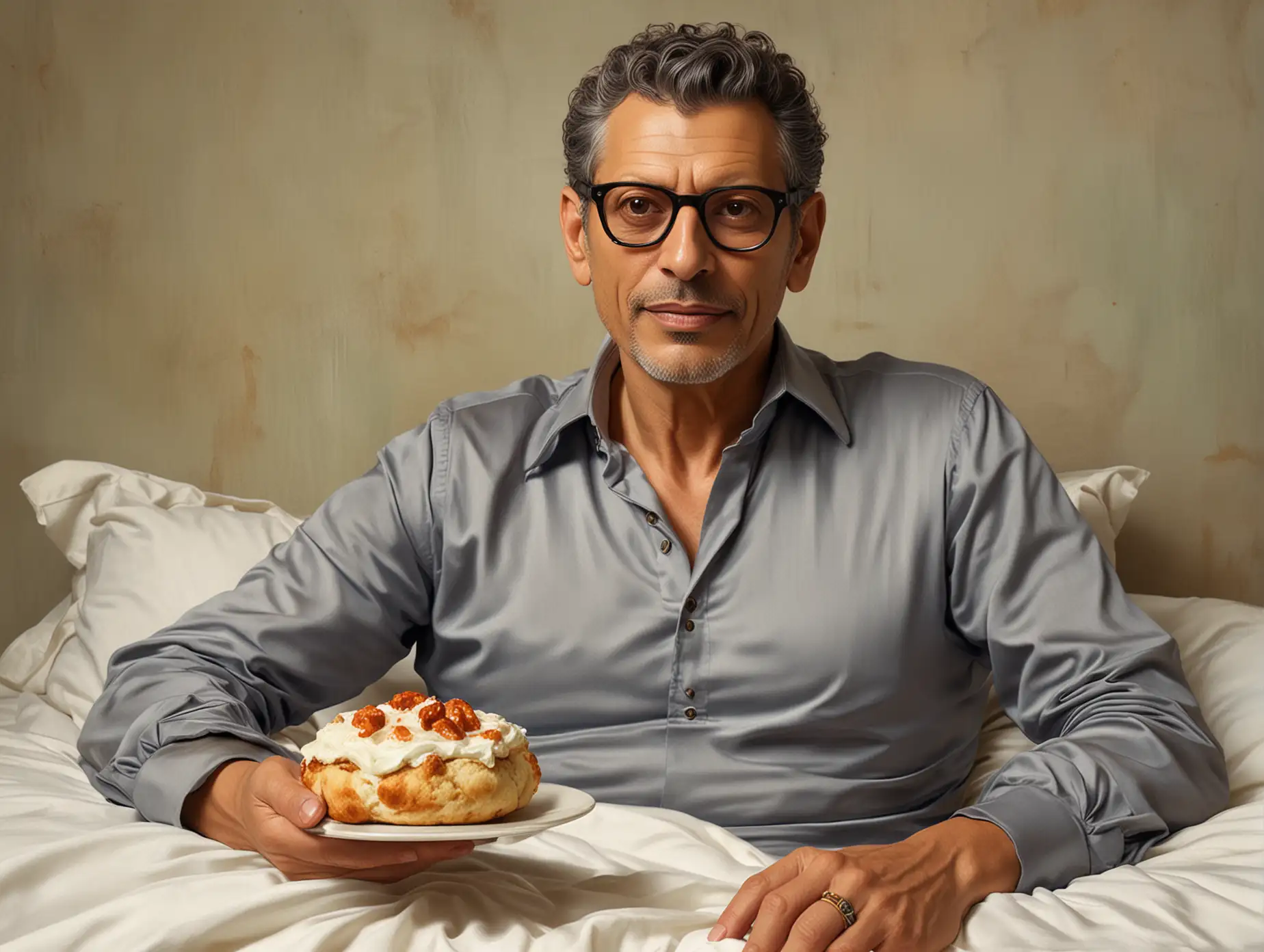 Jeff goldblum lounging with his shirt open, with a divine glowing scone floating above his hand, art style of  Michelangelo 