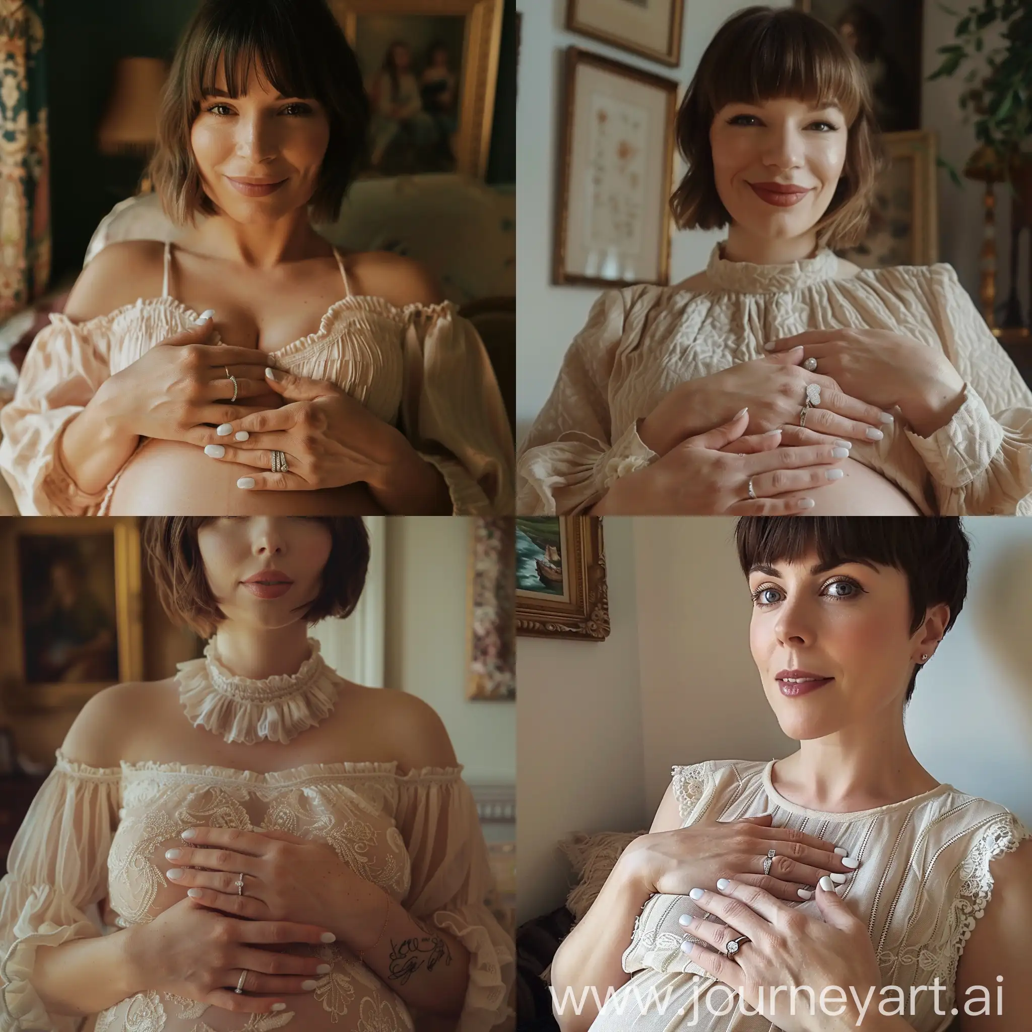 Aesthetic instagram photo of a pregnant mother. mid 30's, hands resting over belly, wedding ring, white gel nail polish, soft color tones, in fancy apartment, short hair, bangs, gorgeous face, British