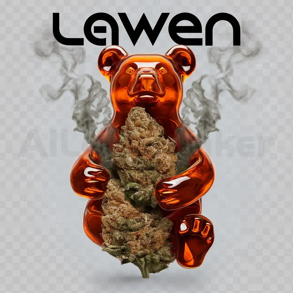 a logo design,with the text "Lawen", main symbol:Amber-colored resin bear, slightly melting, embracing and surrounded by a green marijuana bud. The bud should envelop the bear, leaving only the arms, head, ears, and legs of the bear visible. There's smoke around the image. The style should be vectorized and with flat colors, suitable for a brand logo.,Moderate,clear background