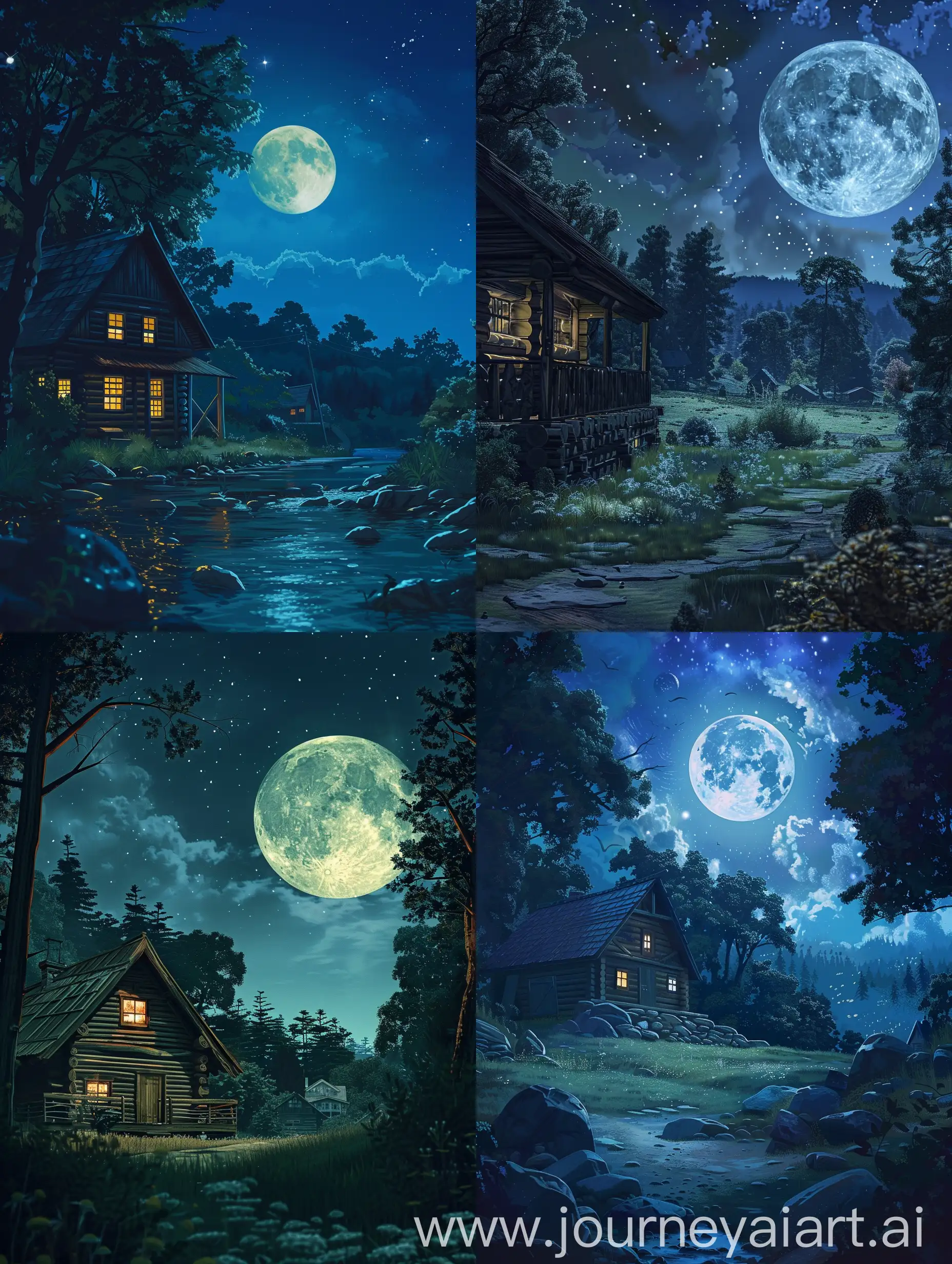 night scene of a cabin in the woods with a full moon, beautiful moonlight night, night scenery, moonlit night dreamy atmosphere, calm night. digital illustration, moonlit night, nighttime nature landscape, anime background art, beautiful wallpaper, at night with full moon, night time moonlight, at night with moon light, dreamy night, nightime village background, 
