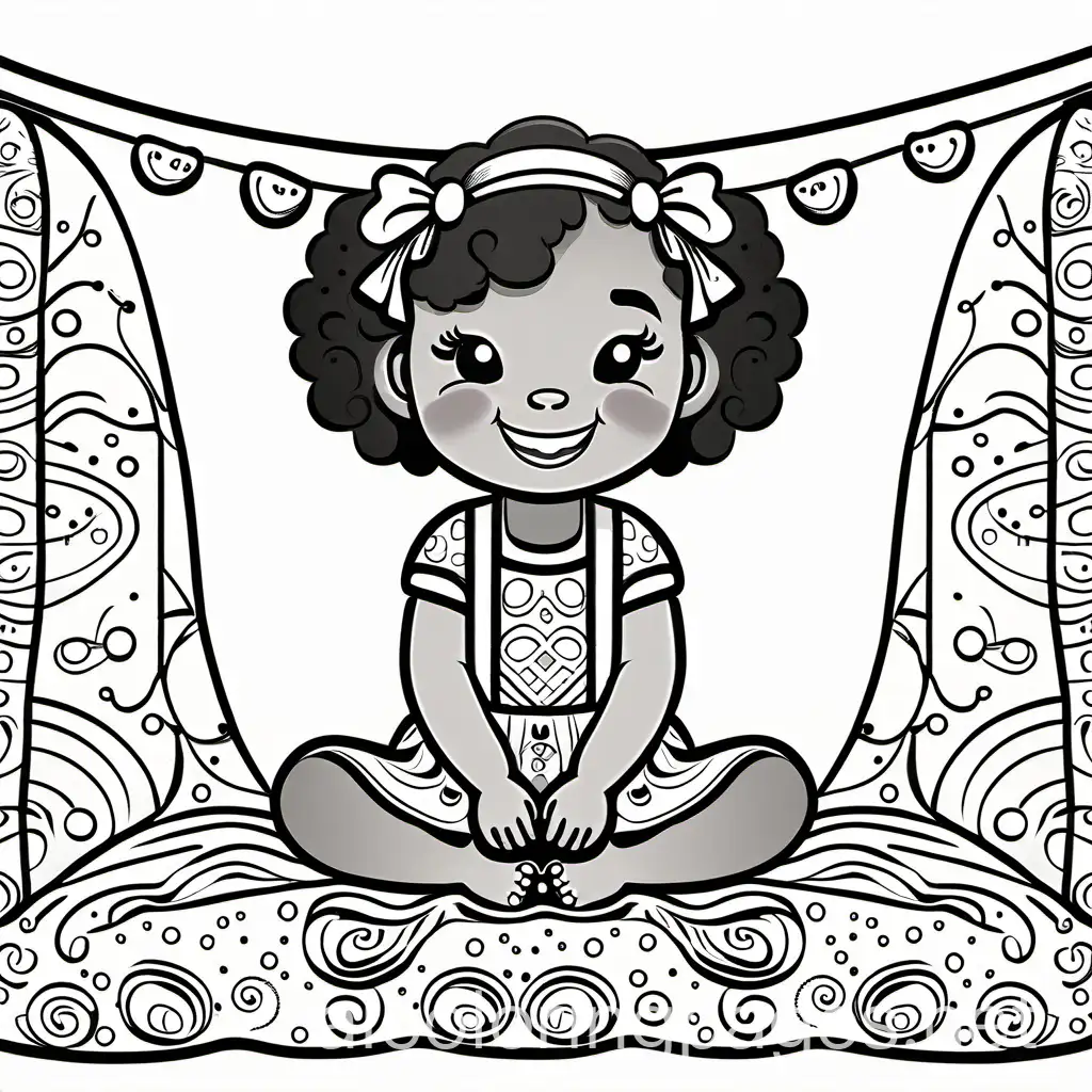 toddler girl character dark skin curly pigtails happy smiling. The Girl is inside of a fort made by blankets add colorful ribbons and lights to the fort. The overall atmosphere should be playful and whimsical, capturing the joy of a sunny day in the garden., Coloring Page, black and white, line art, white background, Simplicity, Ample White Space. The background of the coloring page is plain white to make it easy for young children to color within the lines. The outlines of all the subjects are easy to distinguish, making it simple for kids to color without too much difficulty