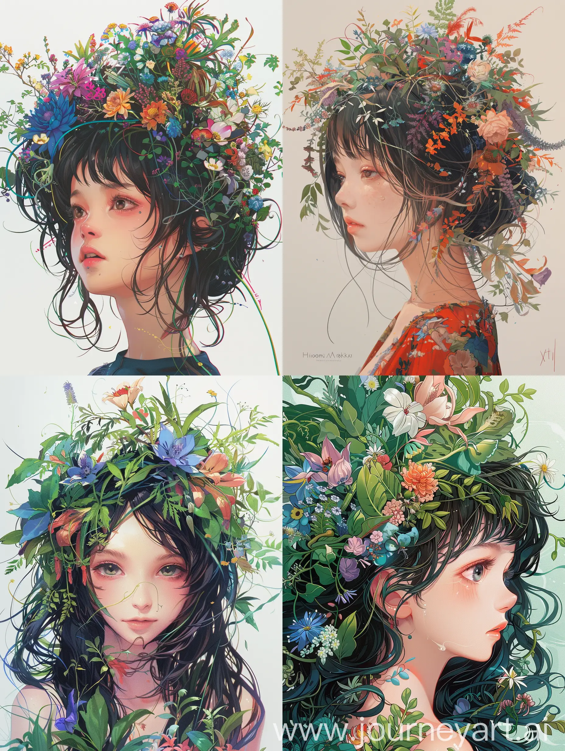 art by Hiromu Arakawa, Cute, Fine lines, Vivid, Sci-fi, a young woman, dark hair, hair is adorned with an elaborate and colorful array of flowers and foliage, calm and melancholic, The soft hues, natural elements, high quality 