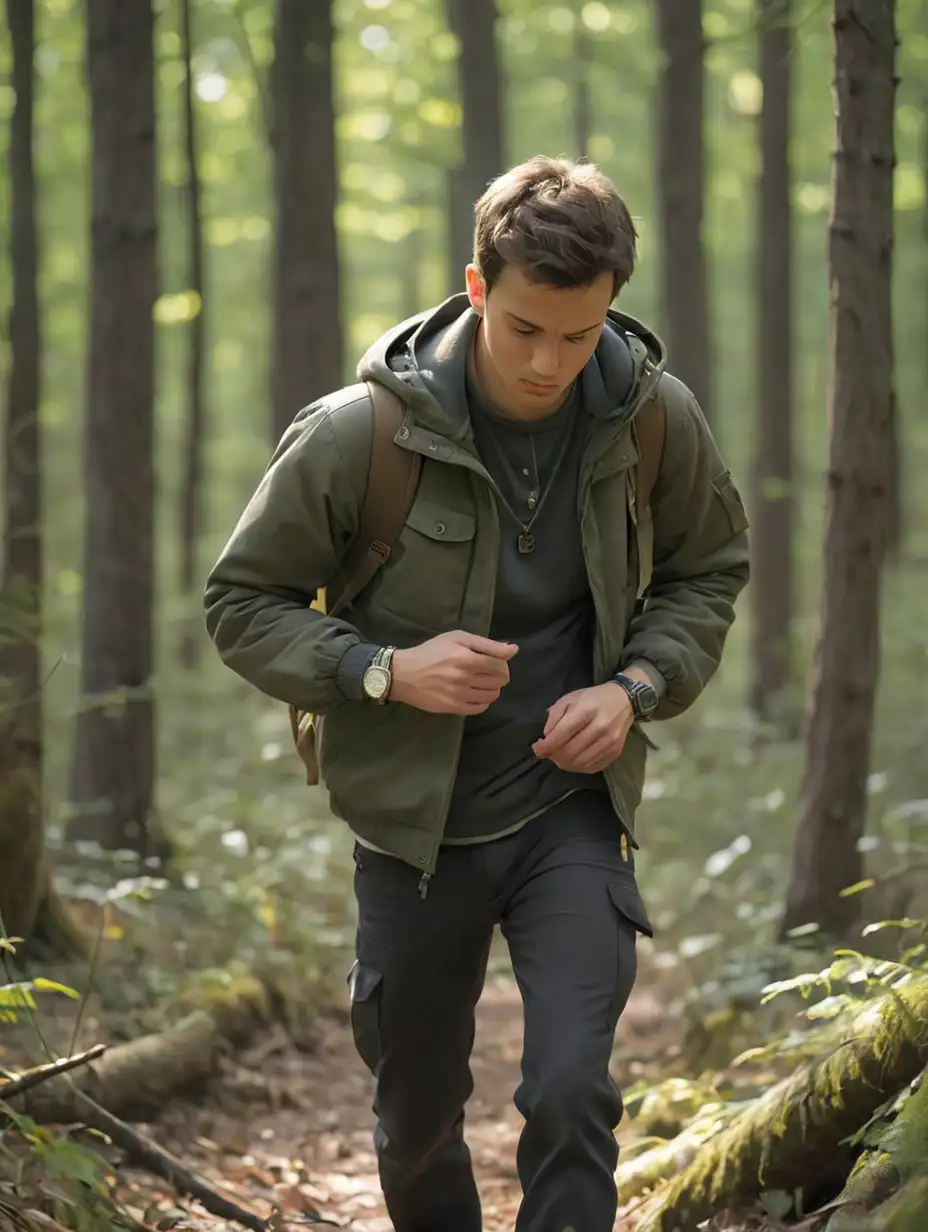 Man Walking in Woods Checking Watch for Time