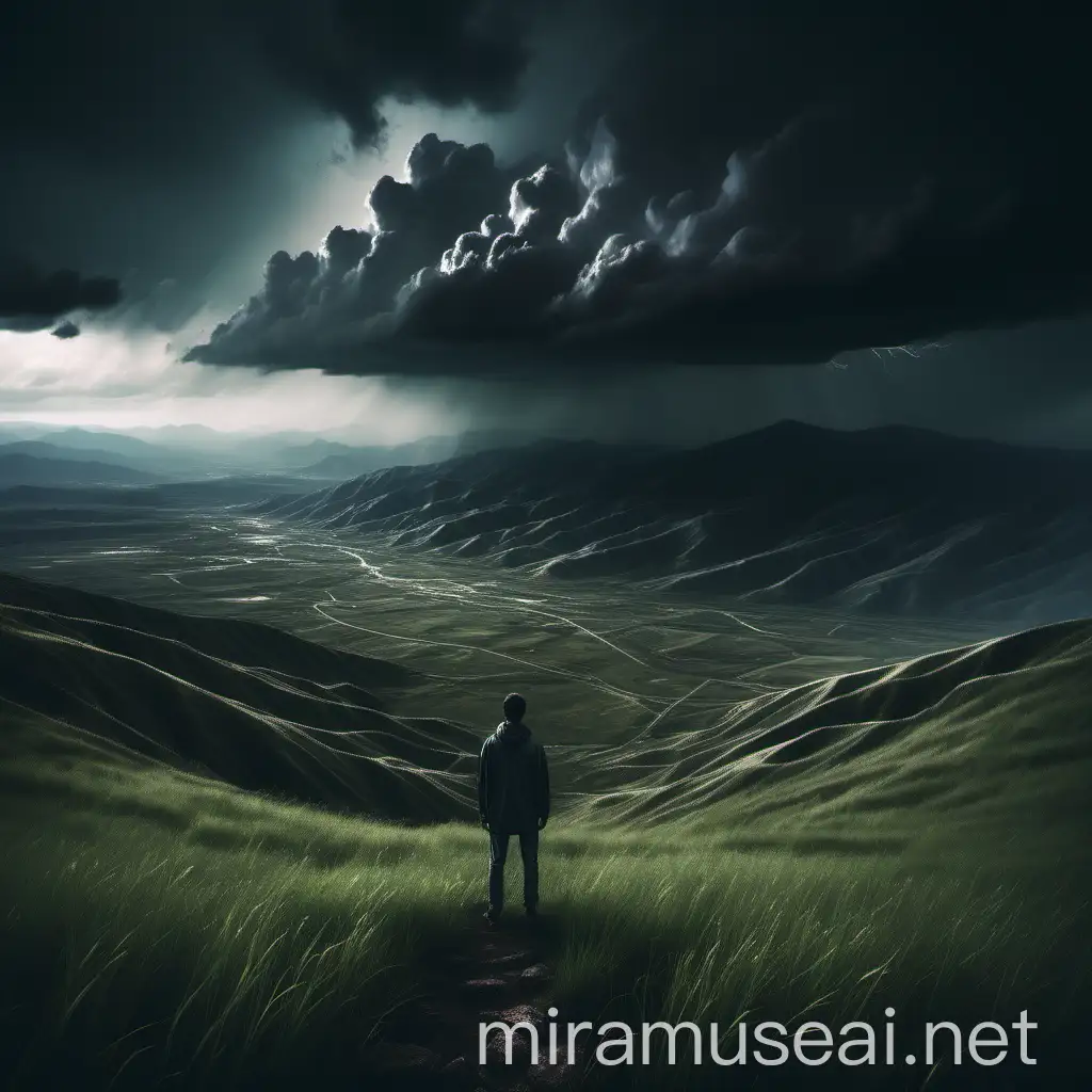 Person Standing on Mountain Top Amidst Ominous Storm Clouds