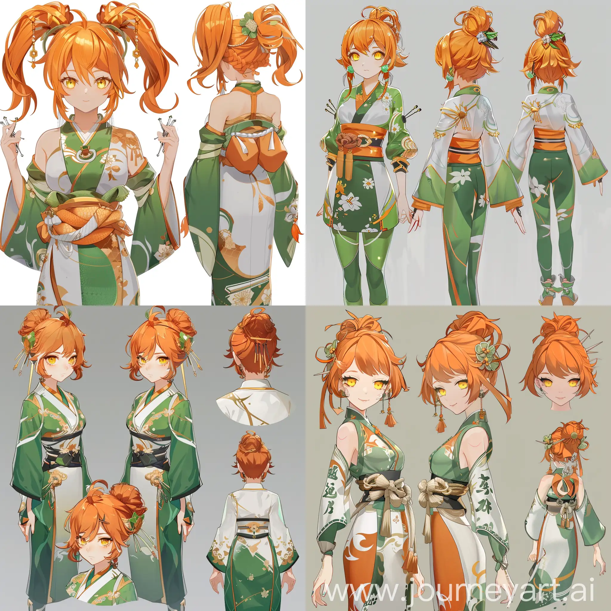 девушка из игры геншин импакт с оранжевыми волосами, в зелено-белой одежде и заколками в волосах, в кимоно с длинными рукавами, с разных ракурсов, с желтыми глазами 