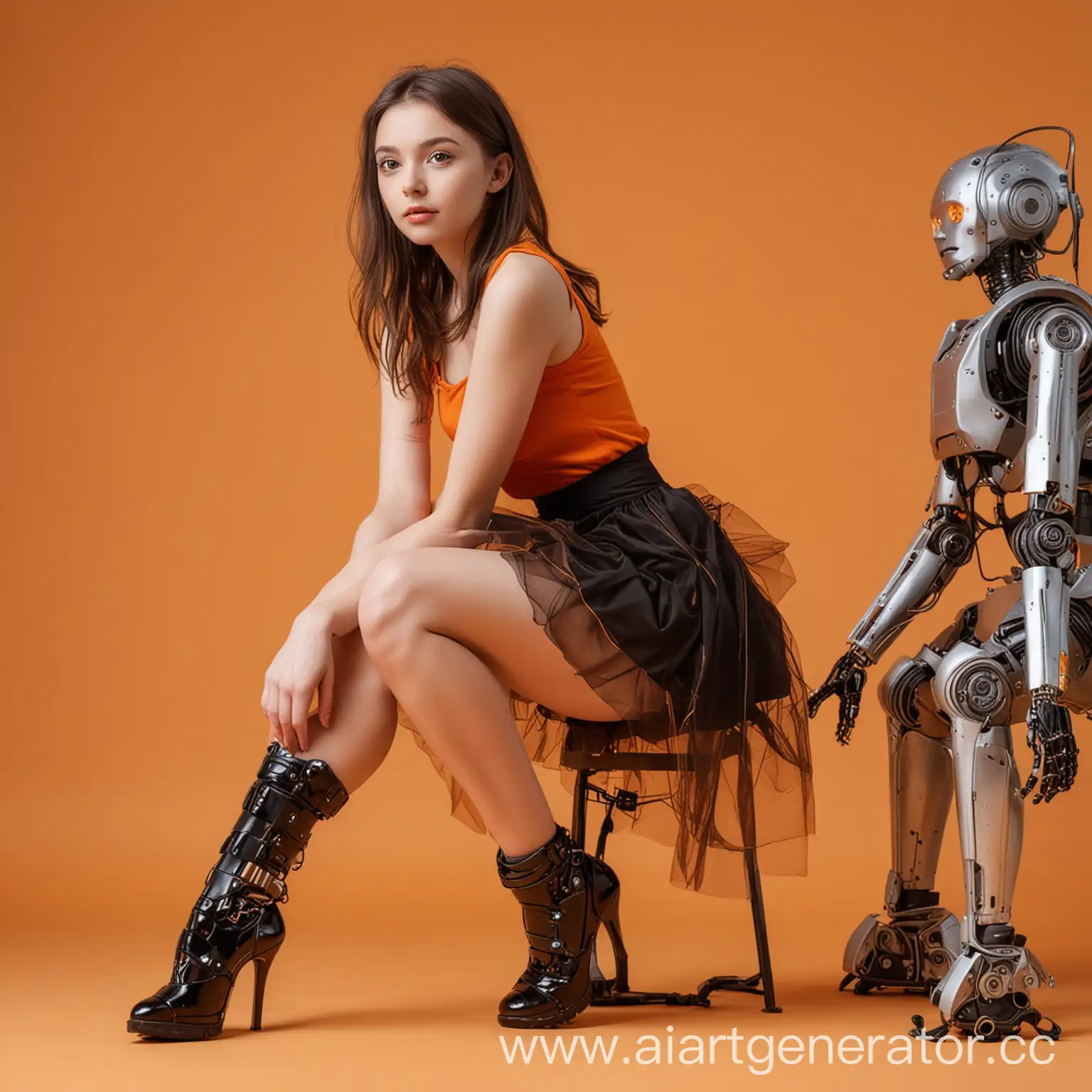 Lecherous-Girl-Sitting-on-Humanlike-Robot-on-Orange-Background