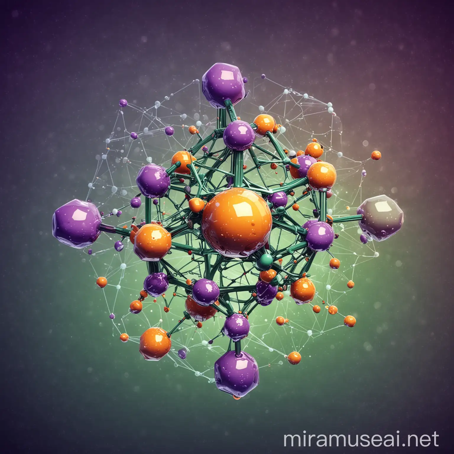 abstract geometric chemical scientific background with molecular structure on green, purple and orange colours
