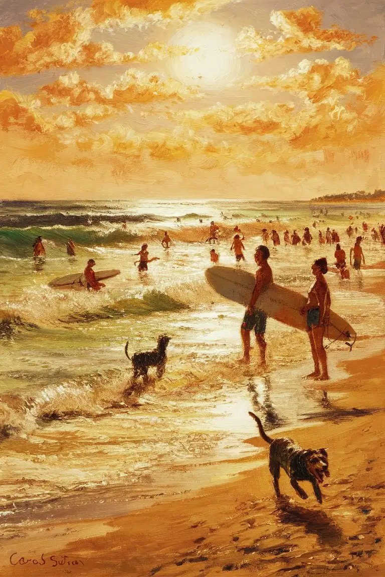 Figurative-Art-Beach-Scene-with-Surfers-and-Dog-by-Carol-Sutton