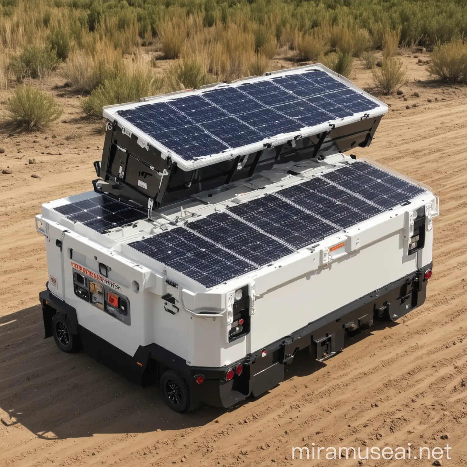 trailercon caja seca equipada de paneles solares fotovoltáicos con baterias de almacenaje portátiles
