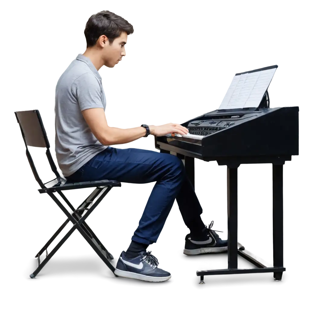 a man playing music in keyboard, provide image angle from back side of the person