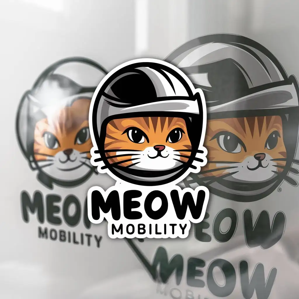 a logo design,with the text "Meow Mobility", main symbol:a small cat with a helmet on its head,Moderate,be used in Animals Pets industry,clear background
