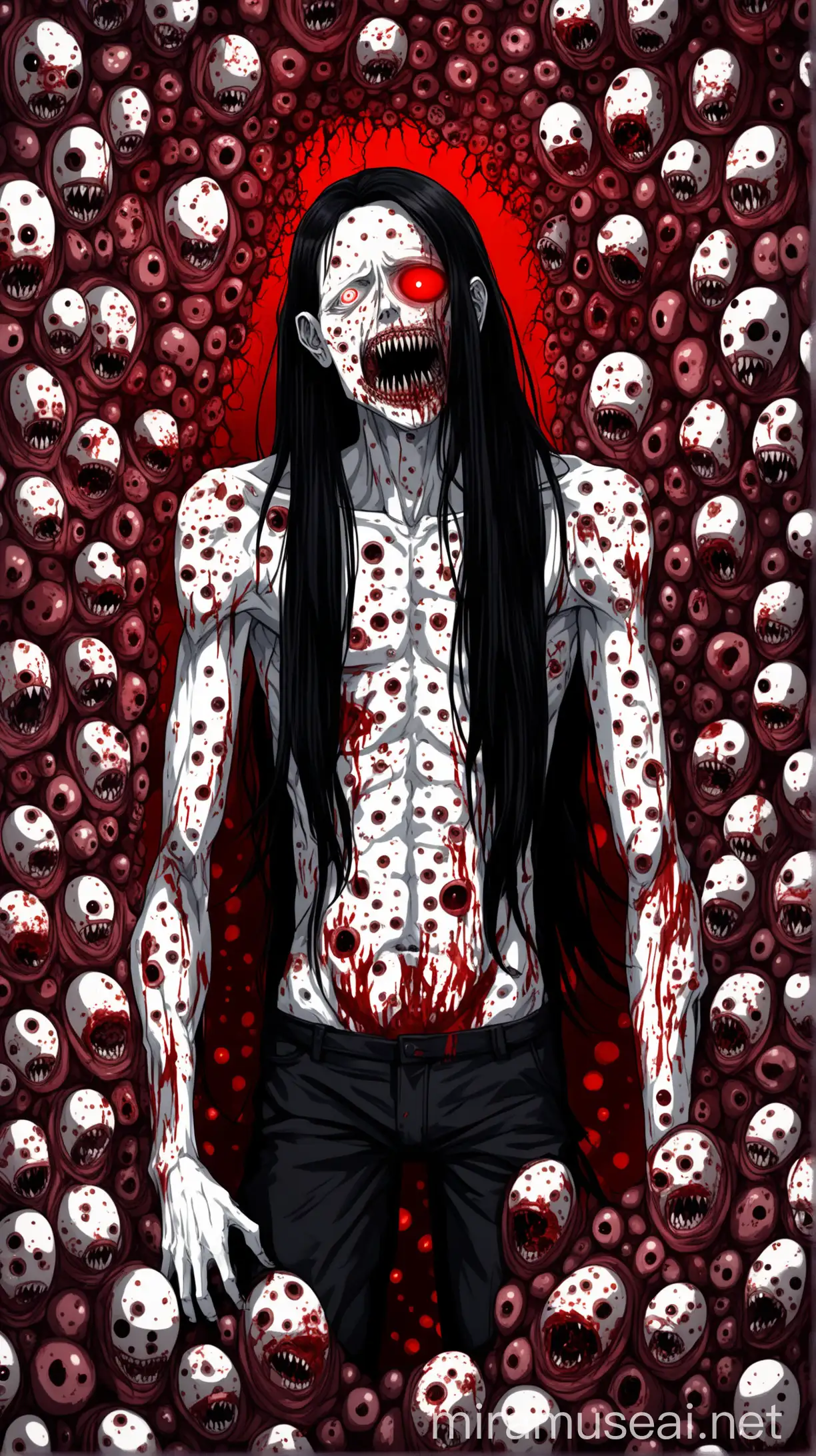 Anime Style Albino Character with Bloody Mask and Grotesque Features