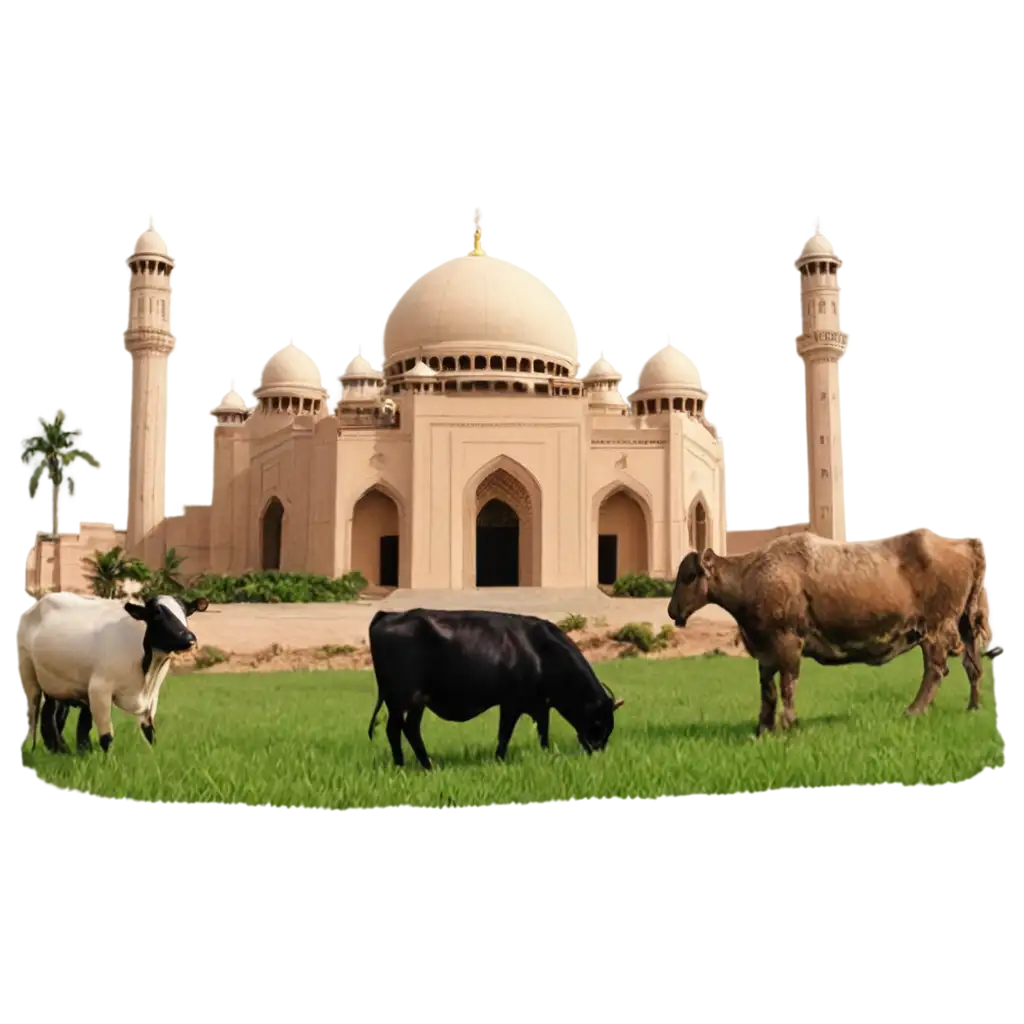 great Mosques with cows and goats on the lawn for Eid al-Adha