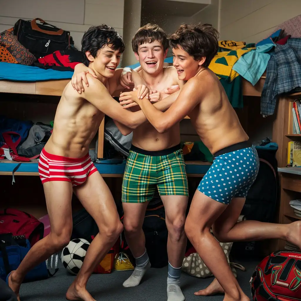 Teen Boys Wrestling in Colorful Underwear Dorm Room Fun