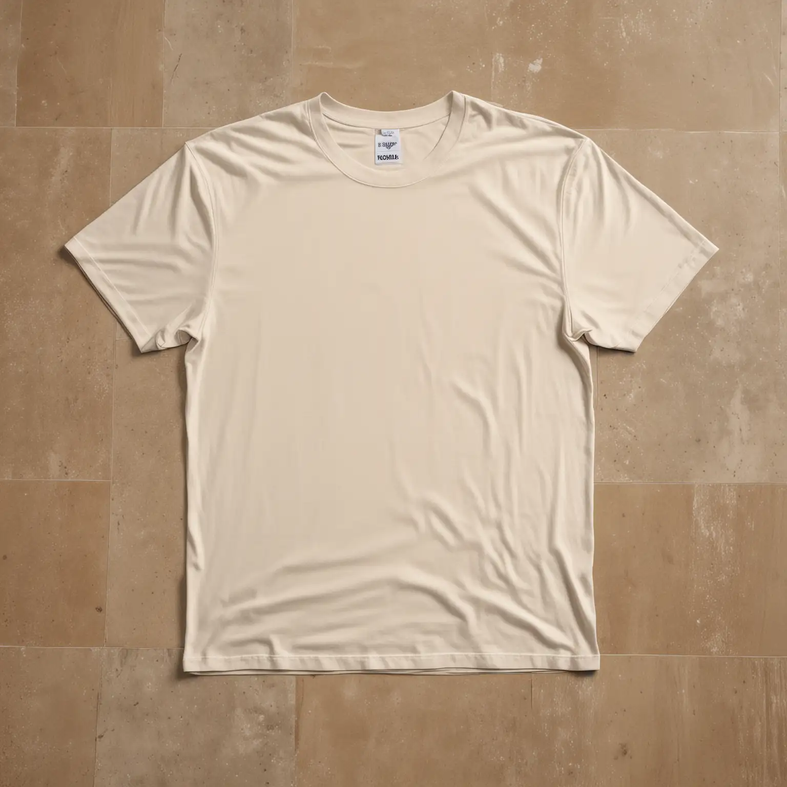 HYPER REALISTIC ironed simmetrical proportional 100% cotton bella canvas 3001 natural tshirt no wrinkles, lied on floor seen from above with solid contrasting background floor