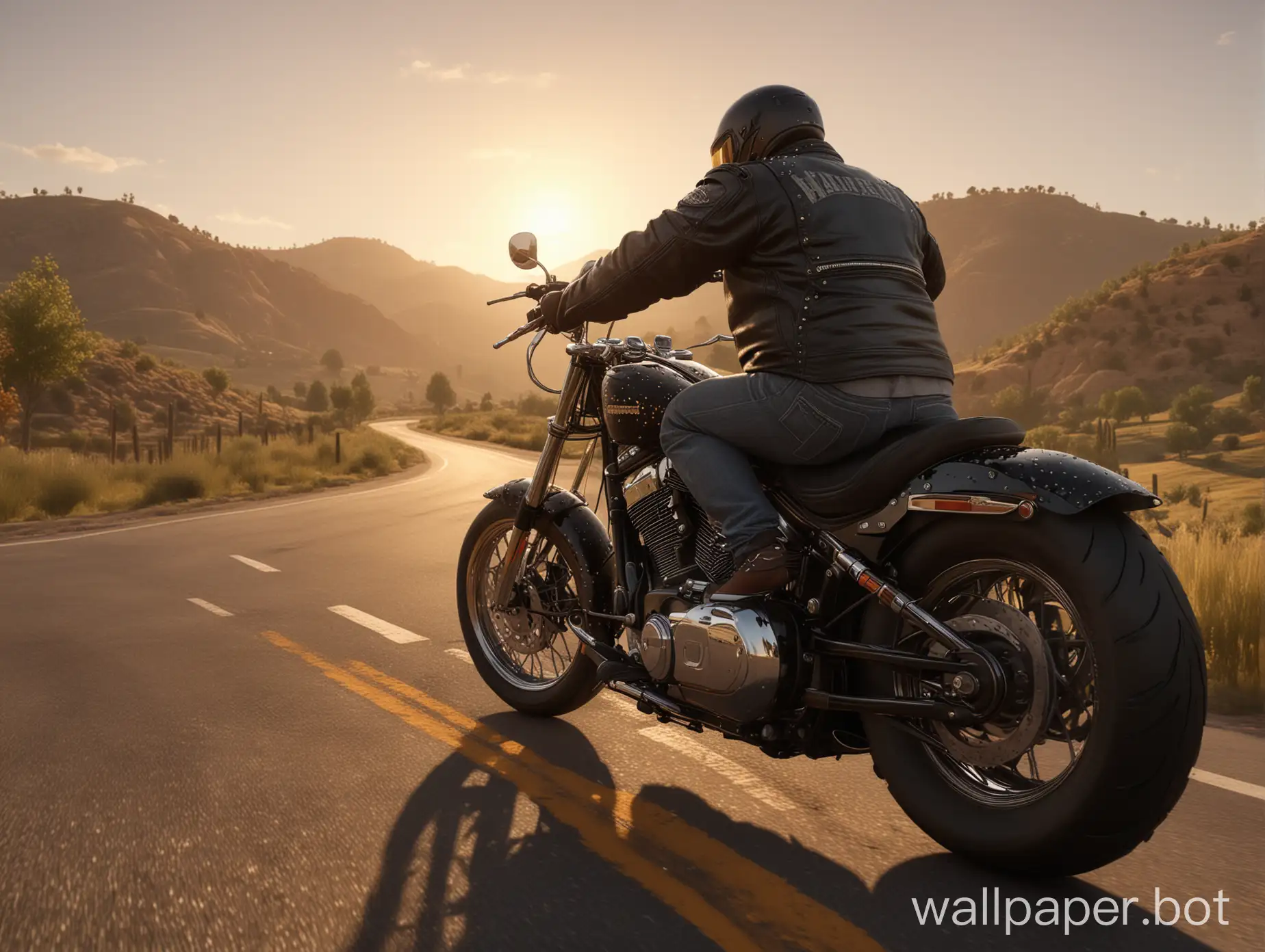 A striking, highly detailed 3D render of an overweight biker clad in a black studded leather jacket, riding his powerful Harley Davidson motorcycle through the picturesque countryside. The bike roars to life as the sun sets behind rolling hills, casting a warm golden light on the scene. The biker's intense gaze and gritted teeth showcase his fierce determination. The view is from the front, immersing the viewer in the cinematic moment.