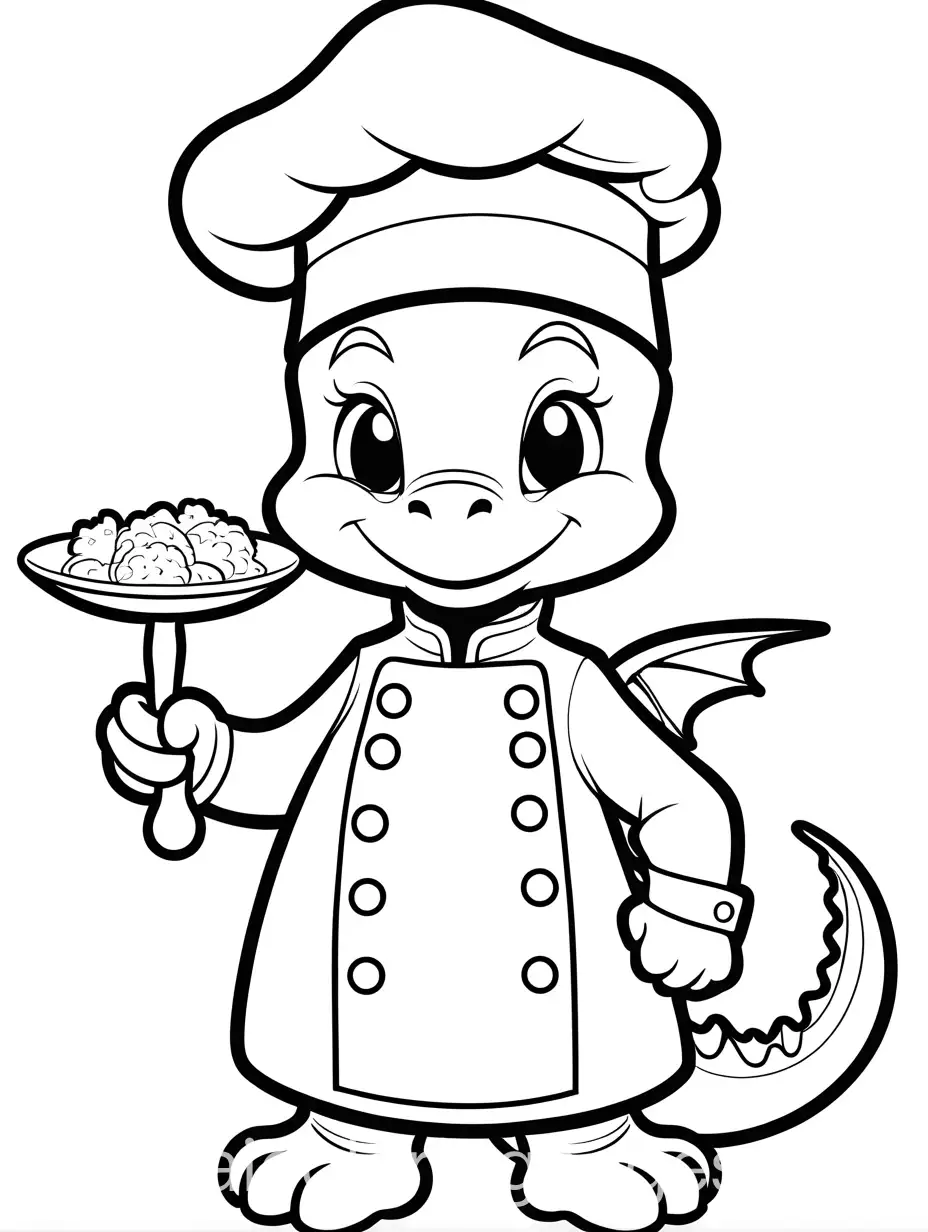 cute baby dragon tattoo design, dressed up as a chef, big scales on its body and head, making it simple for kids to color without  difficulty. Coloring Page for kids, black and white, line art, white background, Simplicity, Ample White Space. The background of the coloring page is plain white to make it easy for young children to color within the lines. The outlines of all the subjects are easy to distinguish, making it simple for kids to color without too much difficulty