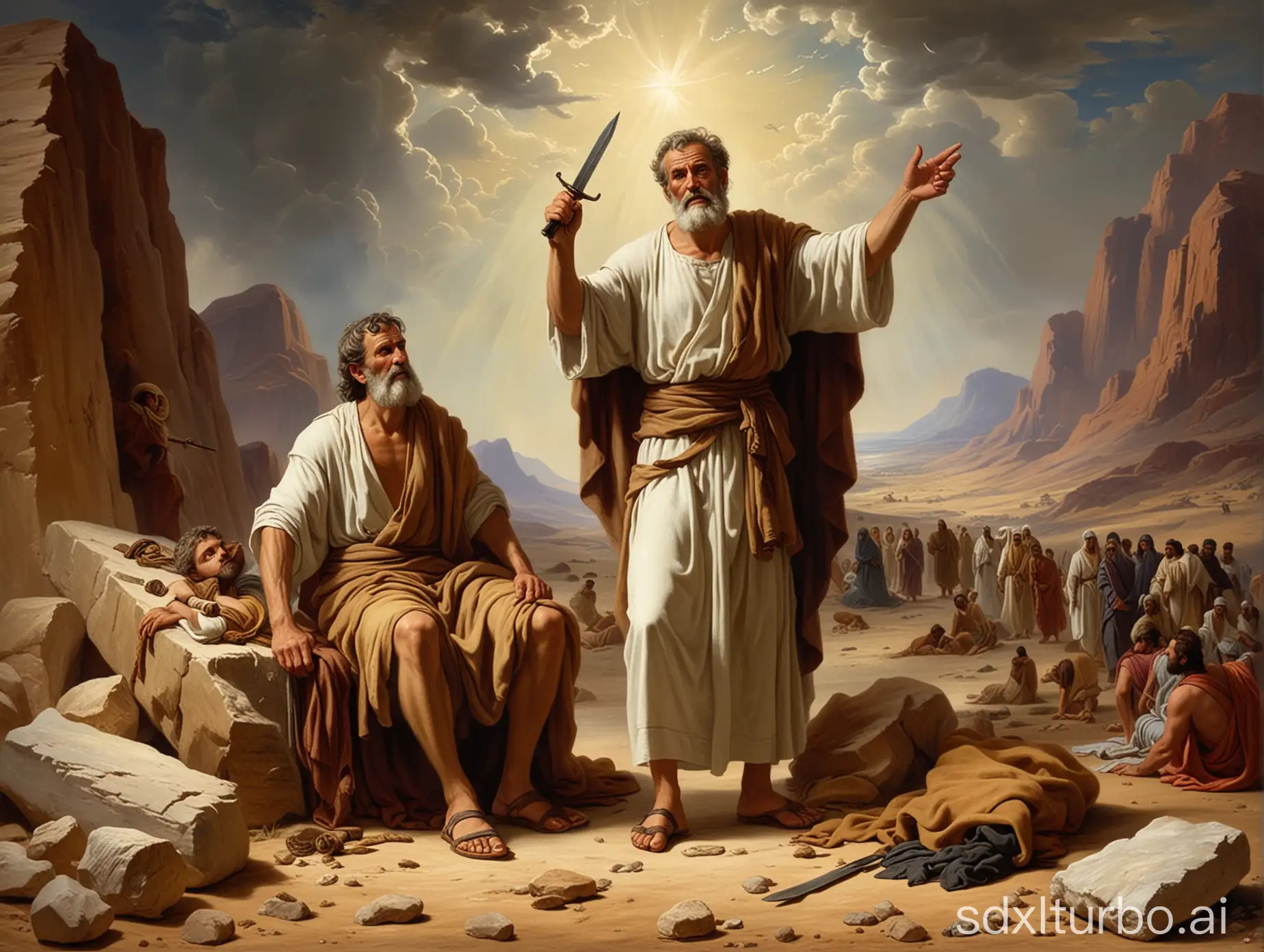 Abraham on Mount Sinai about to sacrifice his son Isaac, only Abraham and Isaac were there, Abraham with a dagger in his hand, Isaac tied up and lying on the wood altar,