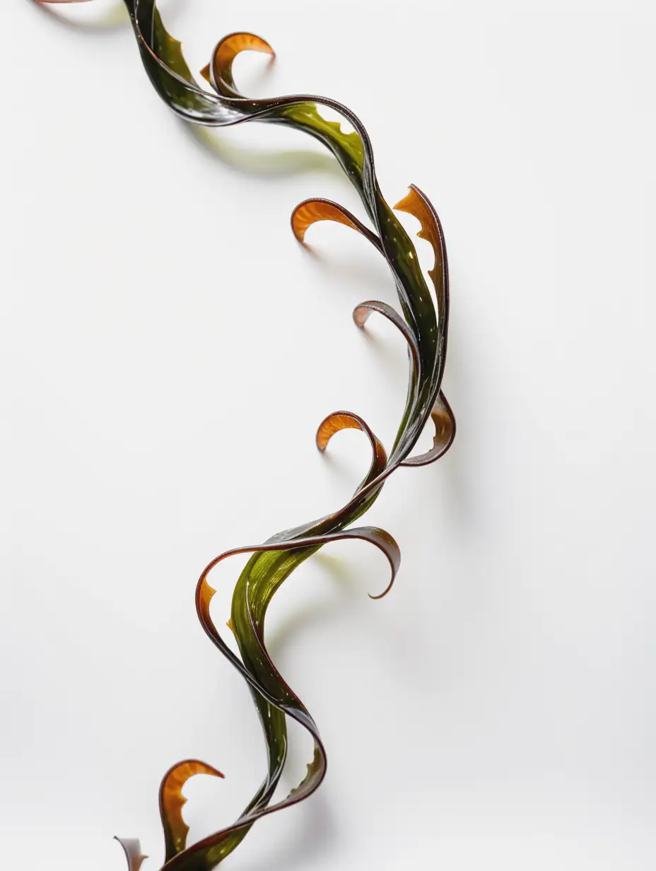 one strand of kelp seaweed arranged in curves on a white background