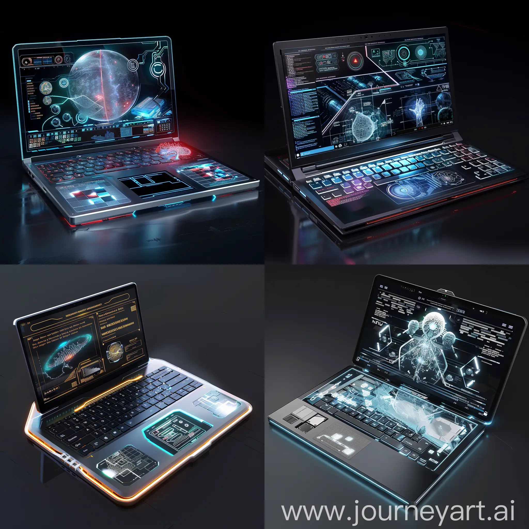 Futuristic laptop, in futuristic style. Quantum Processor, Neural Processing Unit (NPU), Graphene-based Batteries, Advanced Cooling System, Holographic Display, Biometric Authentication, Quantum Encryption, Modular Design, Wireless Charging, Self-healing Materials, Flexible OLED Display, Transparent Touchpad/Keyboard, Dynamic E-Ink Cover, Integrated Projector, Gesture Control Sensors, Adaptive Ergonomics, Advanced Connectivity Ports, Augmented Reality (AR) Cameras, Solar Panel Integration, Dynamic Light Patterns, Hyper-Resolution Display, Neural-Rendering Graphics Card, Haptic Feedback System, 3D Spatial Audio Processor, Eye-Tracking Sensors, Biometric Feedback Sensors, Quantum Neural Processor, Hyper-Realistic Rendering Engine, Dynamic Environmental Sensors, Biofeedback Integration, Holographic Projector, Dynamic Ambient Lighting, Tactile Feedback Surface, Multisensory Haptic Feedback, Interactive Augmented Reality (AR) Cameras, Dynamic Emissive Display, Biometric Feedback Sensors, Environmental Sensors, Customizable Modular Accessories, Immersive Audio System, unreal engine 5 --stylize 1000