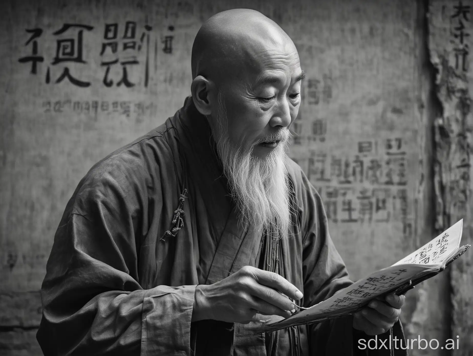 A Chinese old monk in Xi'an, holds an ancient music score in his hand, the music score is written on paper, singing this music score, black and white old photos, hand details, 2k