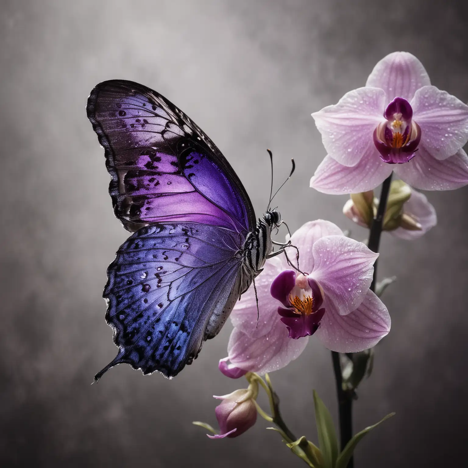 Macro Photograph of Ultra Violet Butterfly on Orchid with Misty Dreamy Dark Nature Background