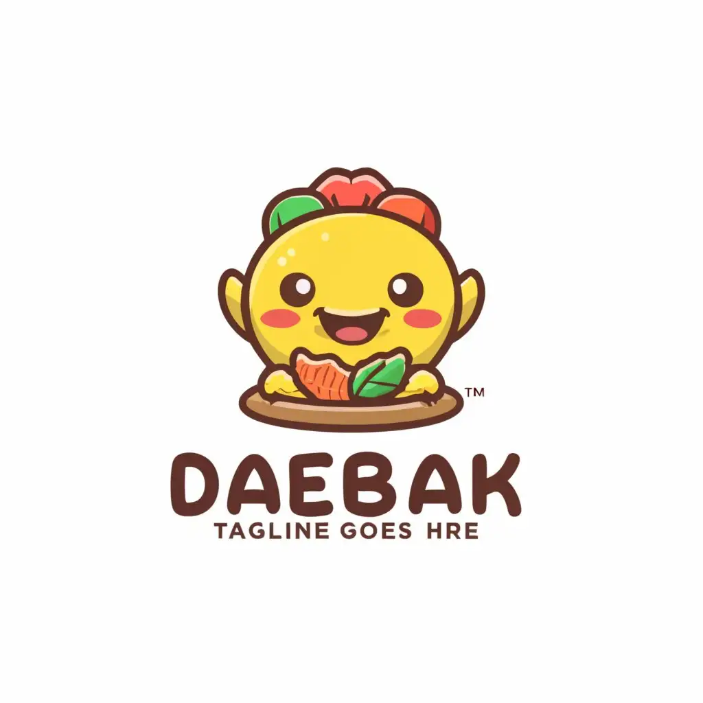 a logo design,with the text "Daebak", main symbol:This logo will feature a cute mascot with a happy face sitting on a table. The mascot was holding a large piece of kimbab with both hands, and his expression was cheerful And under the mascot there is the word daebak :),Minimalistic,be used in Restaurant industry,clear background