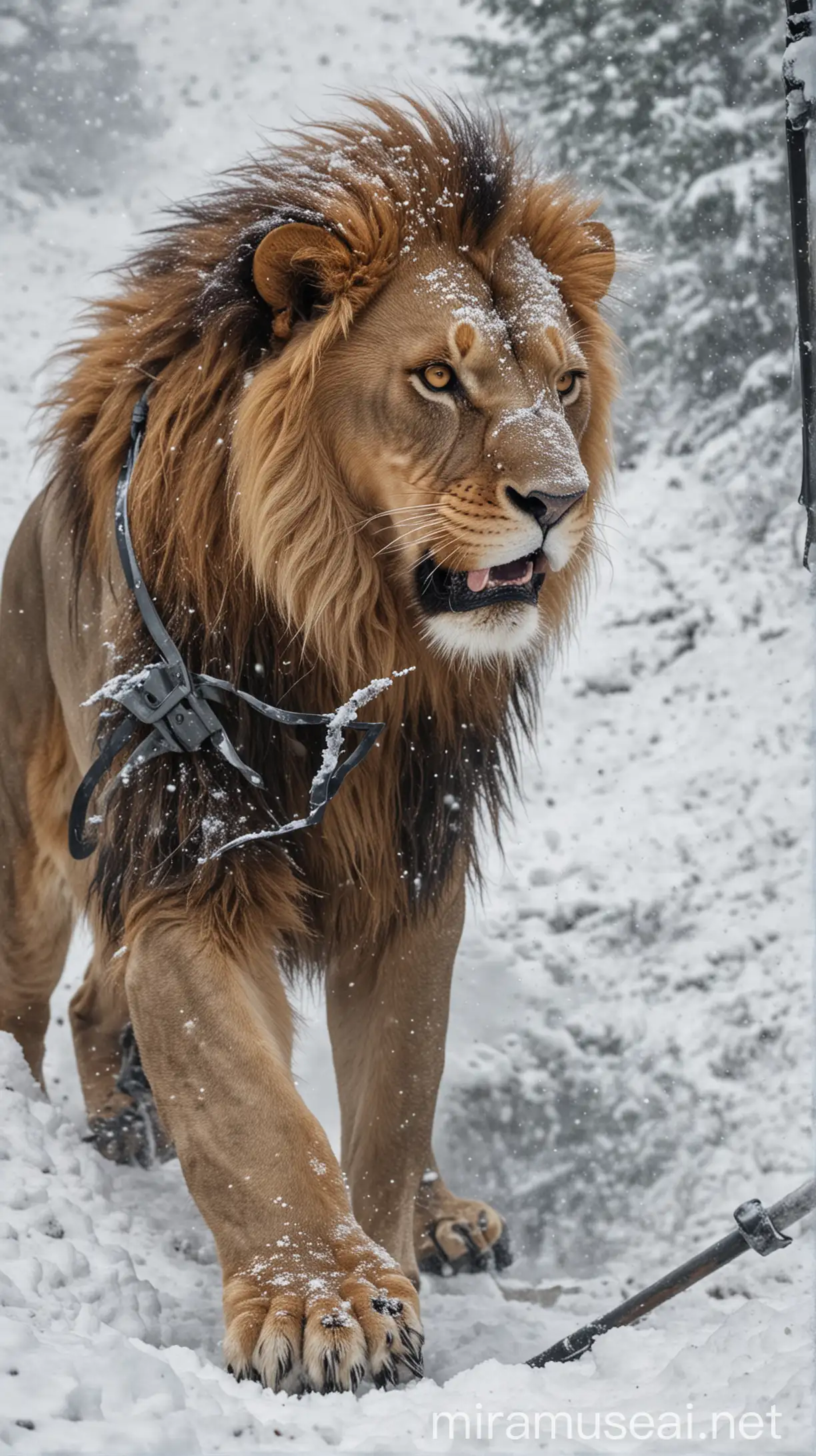 Prompt: Generate an image portraying a solder fight a fierce lion in the snowy pit.