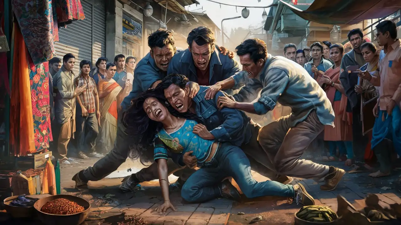 A young Indian couple is being beaten by three Indian Man, front of some Indian people, day light, clear faces, 