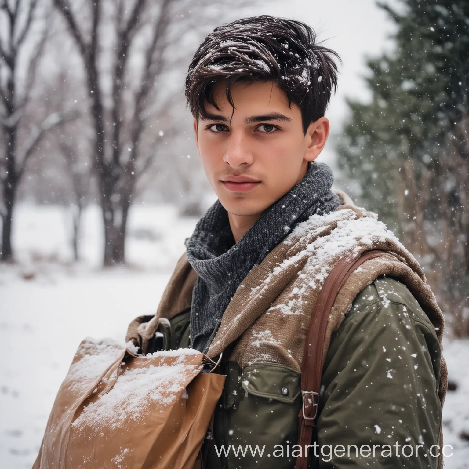 a young guy with dark hair, brown eyes, short haircut, with a bag on his shoulder, and snow around him