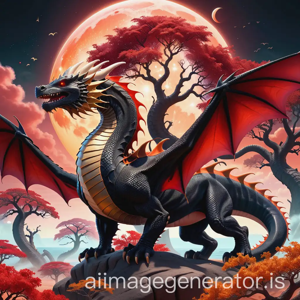 Surreal-Black-Dragon-in-Red-Sky-Landscape-with-Golden-Baobab-Trees