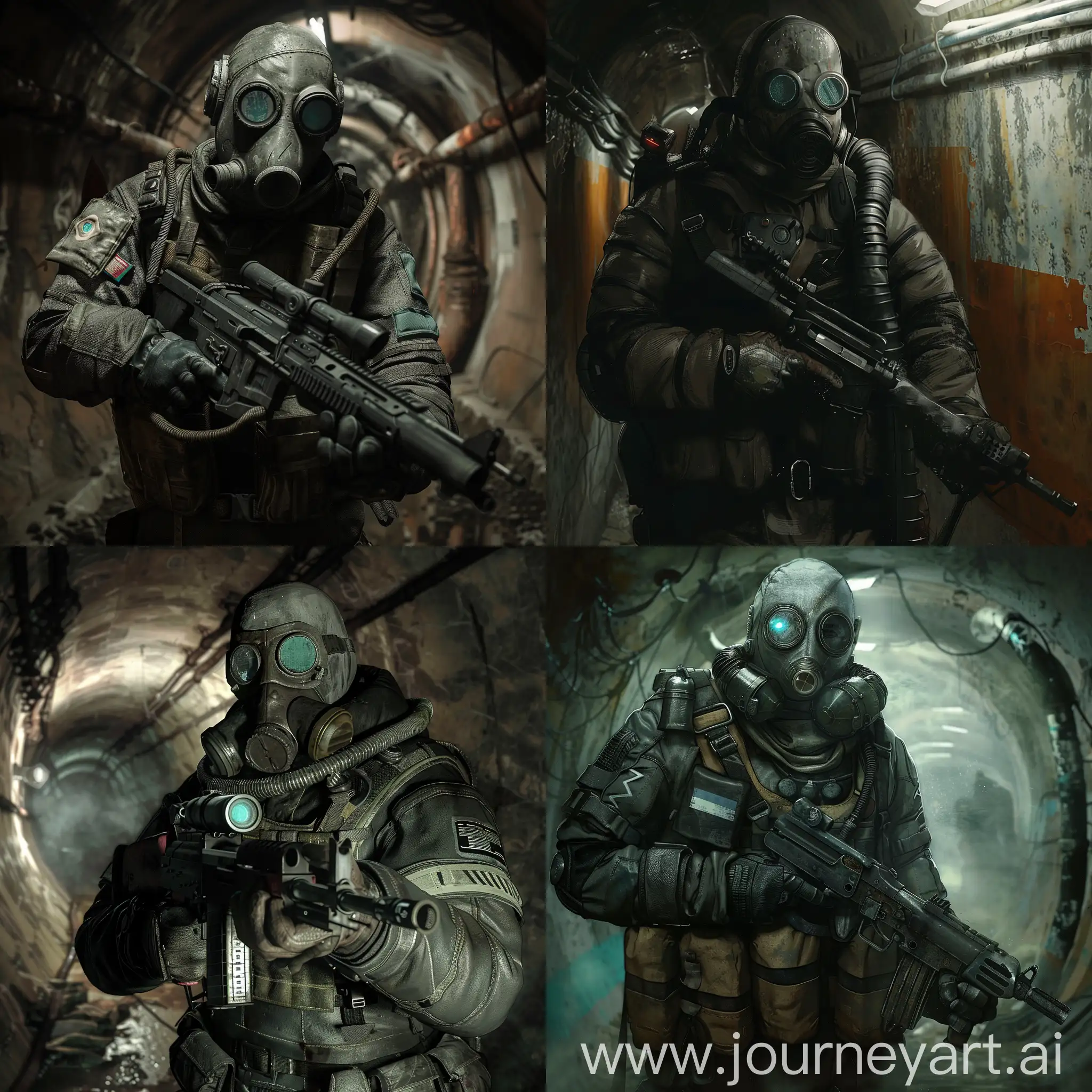 Metro 2033, survivor stand in post-apocalyptic armor and gasmask in a dirty and abandoned catacombs, he hold an old Soviet sniper rifle with both hands, lack of light sources, darkness, despondency, tension.