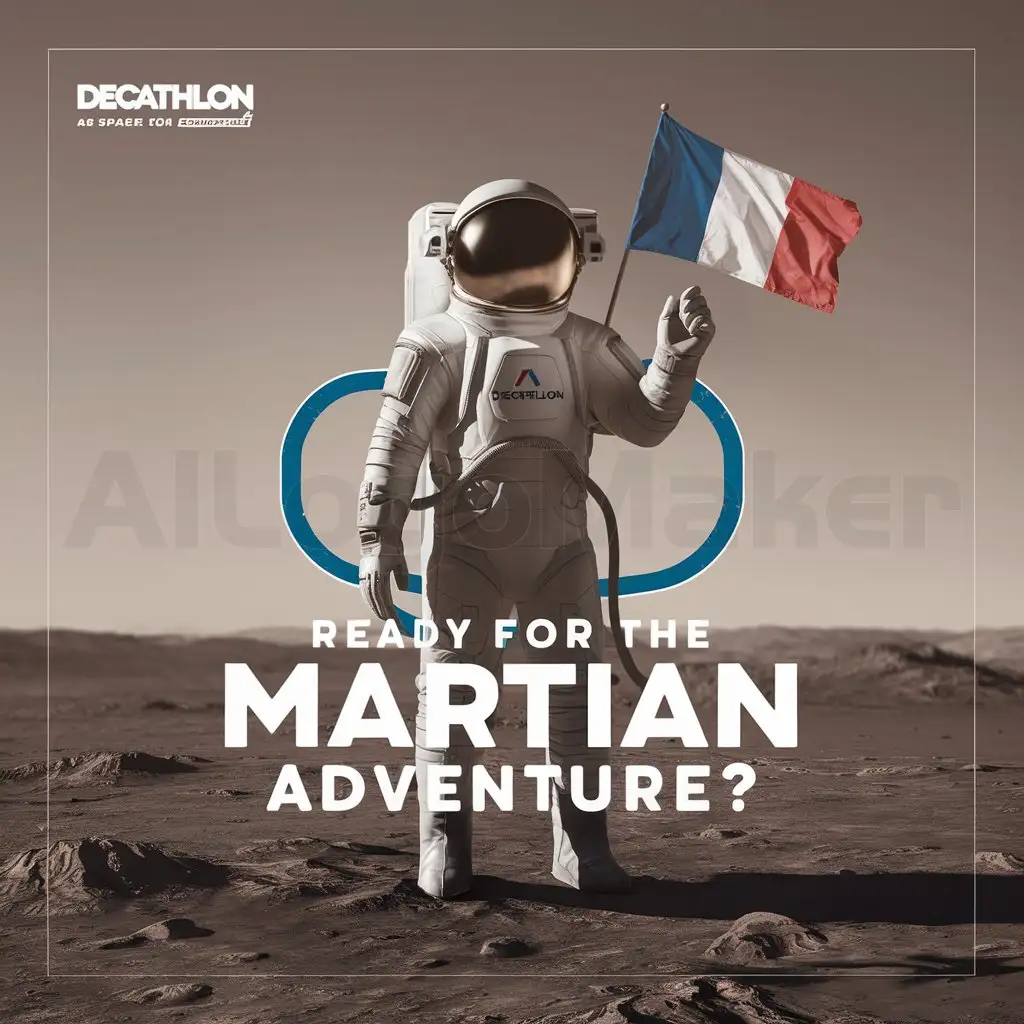 a logo design,with the text "Campagne Newsjacking for Decathlon: 'Ready for the adventure Astronaut in Decathlon spacesuit waving a French flag on the surface of Mars. Slogan 'Ready for the Martian adventure?'", main symbol: "Astronaut in Decathlon spacesuit waving French flag on Mars surface. Slogan 'Ready for Martian adventure?'",Moderate,be used in spatiale industry,clear background