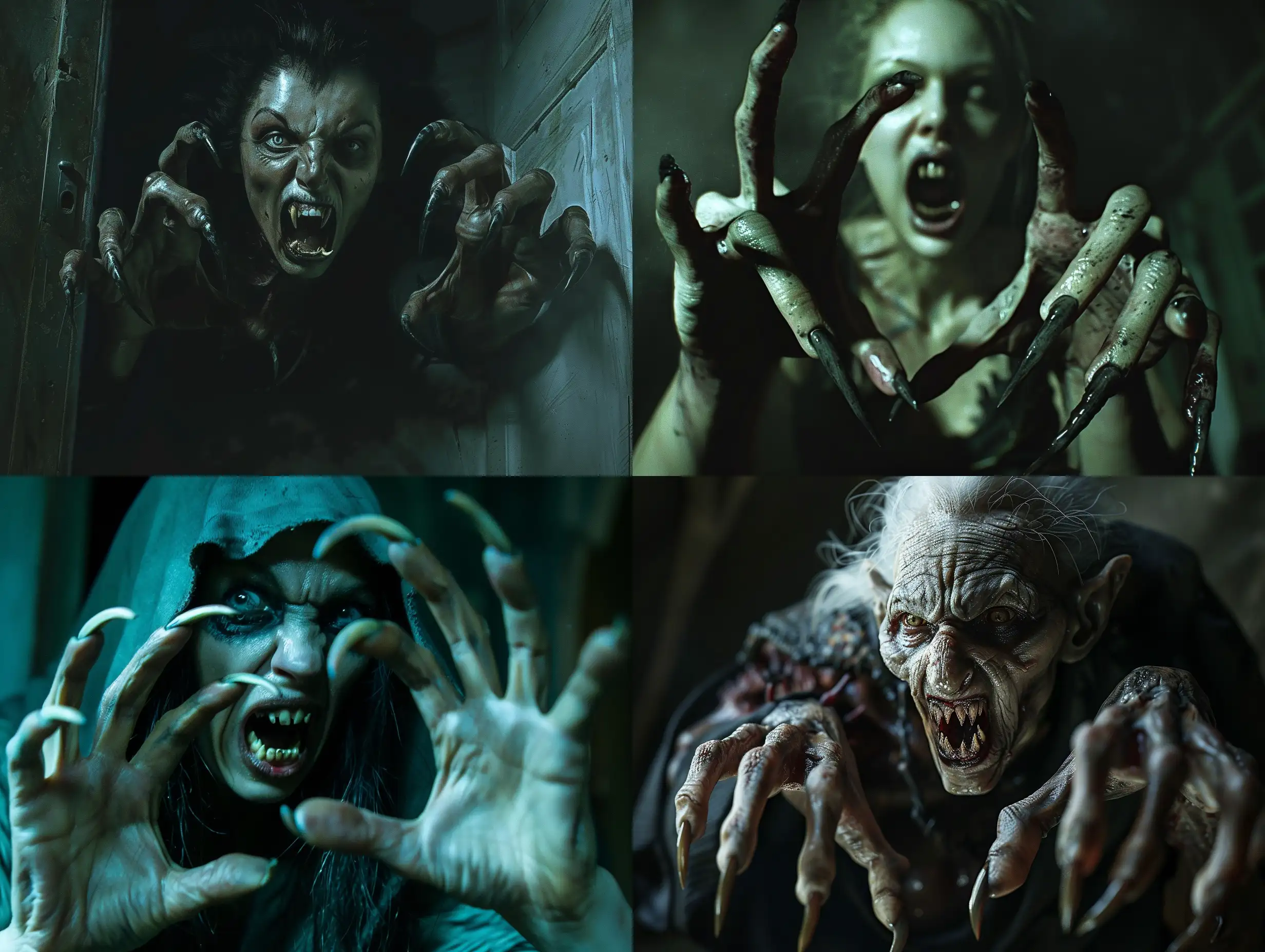 Subject: The main subject of the image is a wild and ugly vampire woman, depicted in a photorealistic style. She has extra long pointed fingernails resembling claws, and her mouth is open with fang-like teeth, giving her a threatening appearance.
Setting: The scene is set inside a dark room, adding to the eerie atmosphere. The darkness enhances the horror element and creates a cinematic feel.
Style/Coloring: The image is hyper-realistic with high detail and photo detailing, contributing to the photorealistic quality. The coloring is dark and haunting, with atmospheric lighting intensifying the creepy vibe.
Action/Items: The vampire woman appears to have just emerged from the darkness, adding a sense of suspense and fear. Her posture and expression convey aggression and terror.
Costume/Appearance: The vampire's appearance is grotesque and terrifying, with detailed nails and realistic anatomy, including five fingers on each hand. Her undead look suggests that she has climbed out of a grave.
Accessories: The vampire's only accessories are her long, pointed fingernails, which resemble the claws of a predator, enhancing her menacing appearance.
