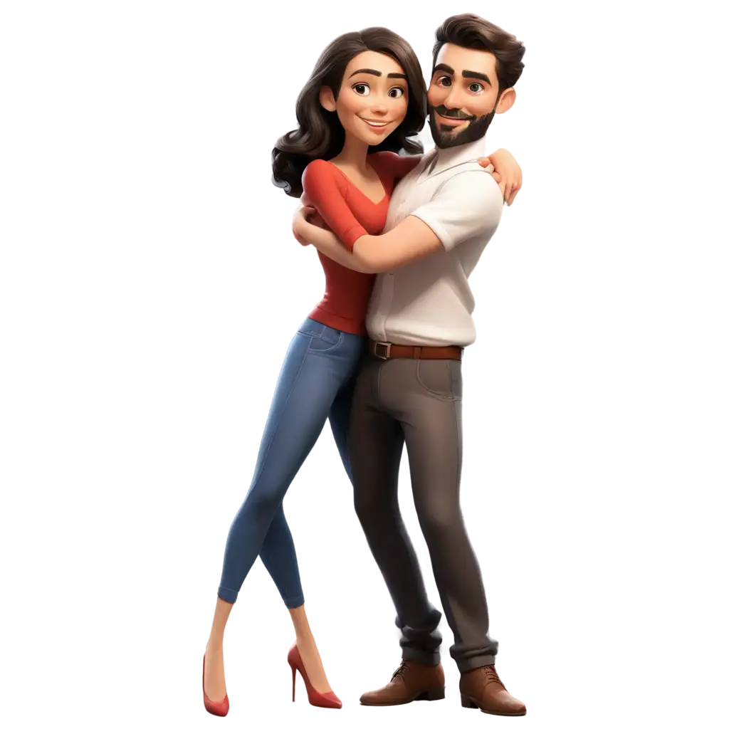 a Caricatureaa A 30 year old woman and a 35 year old man hug each other, dance and look at the camera”, ,Full body, digital art, big head, small body