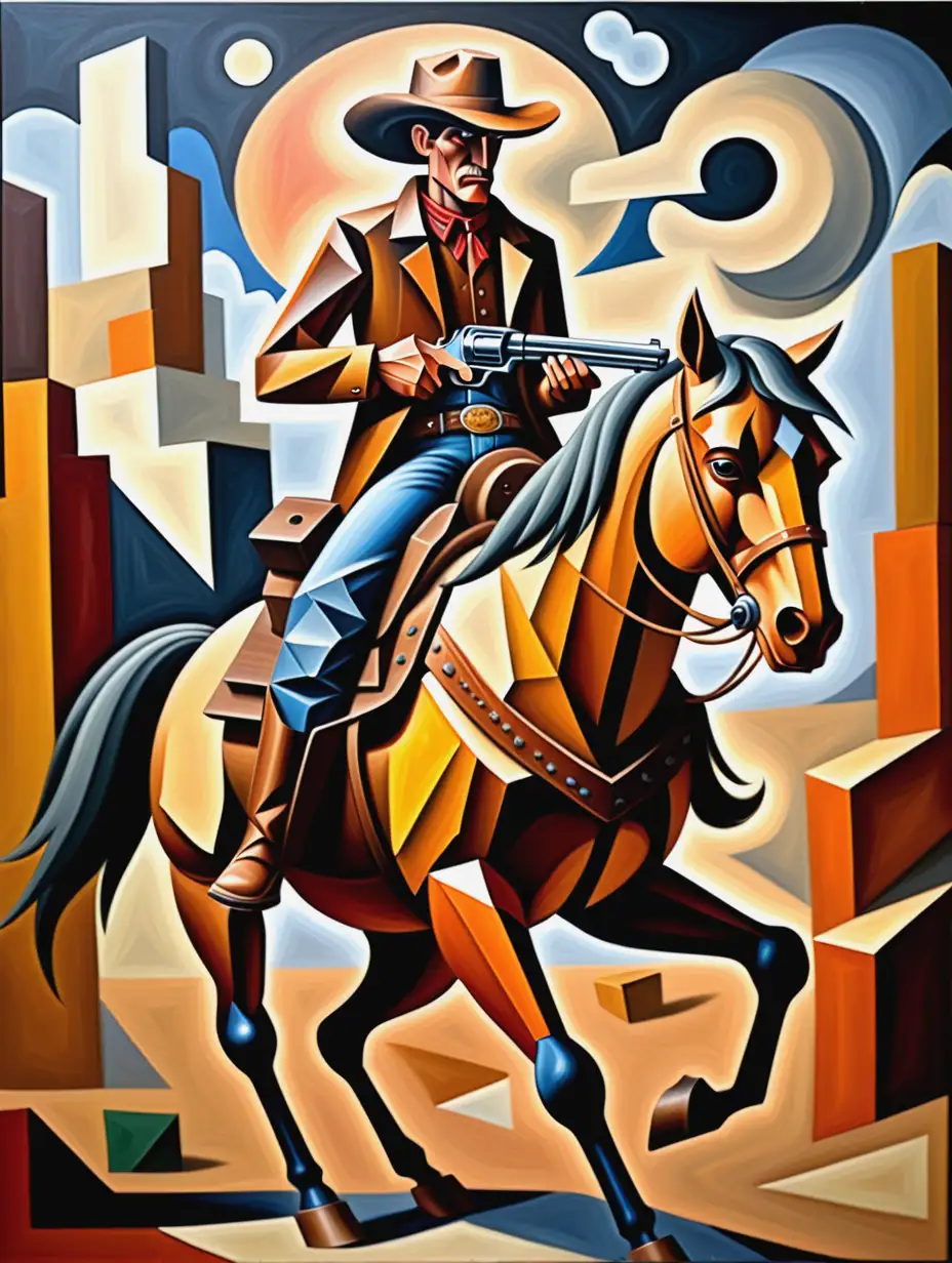 Cubist Oil Painting Wild West Cowboy Gun Slinger on Horse