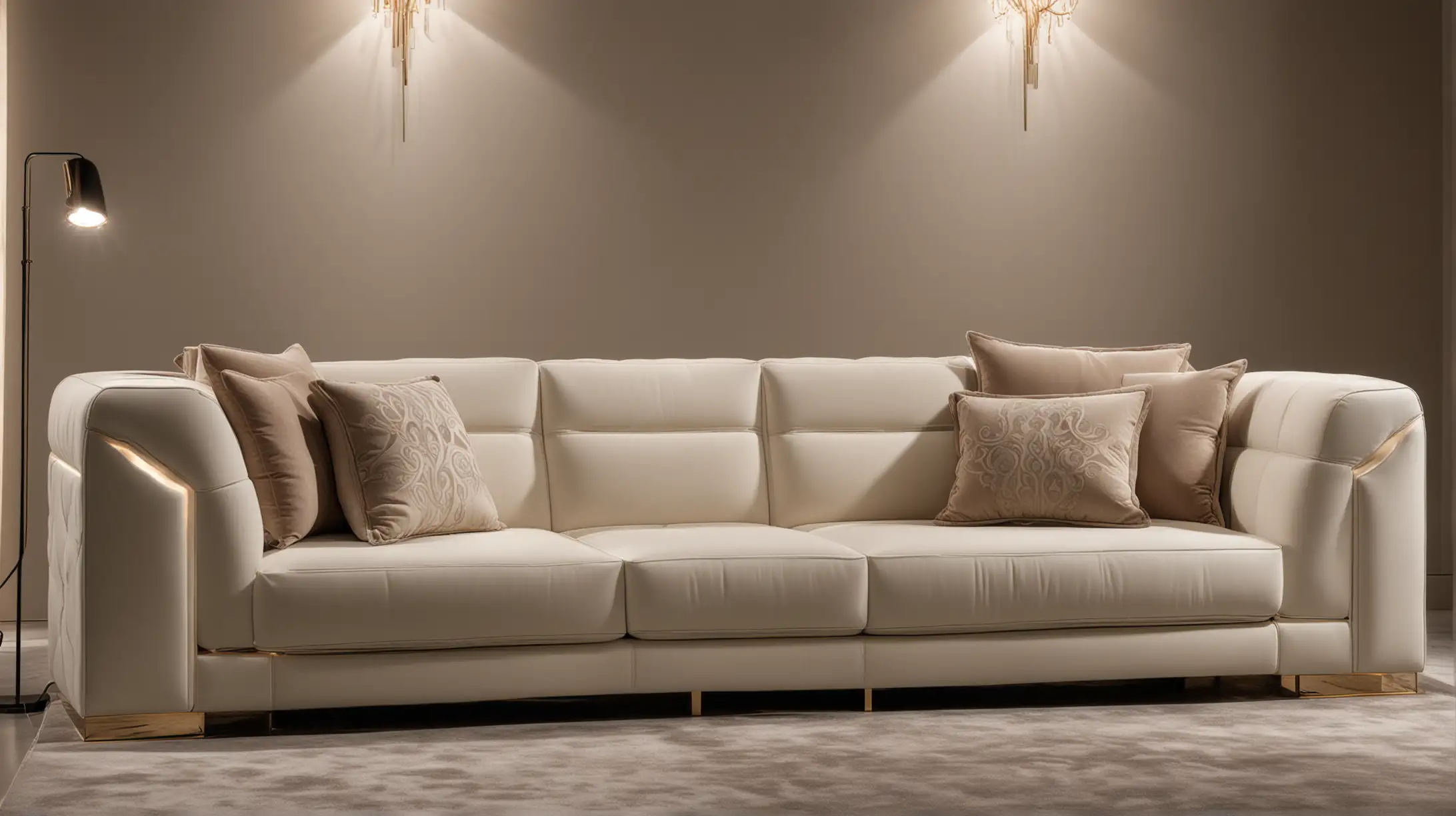 Italian style sofa design with Turkish touches, modern lines, minimal LED detail, isaloni 2024
