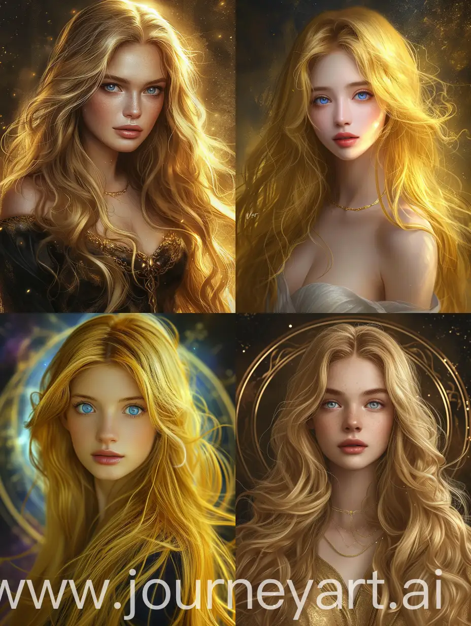  subject: a supernatural female pure hearted wizard. Long golden blonde hair, radiant blue eyes, slender and curvy frame, oval shaped eyes, breathtaking beauty, glowing purity and radiance. 

Style/coloring: hyper-realistic character designs and matte painting techniques.
The camera angle is dramatic and expressive, with the artwork capturing the essence of a matte painting concept art.
The golden ratio is used to create balanced compositions, and the overall feeling is highly polished and elegant.