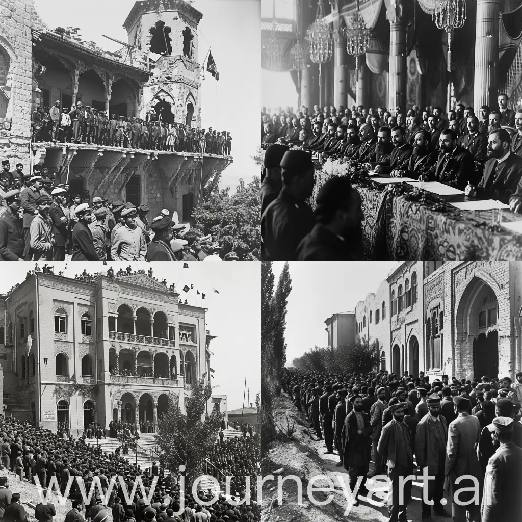 The establishment of the Azerbaijan Democratic Republic took place on May 28, 1918, when the National Council of Azerbaijan declared an independent state and was legally established with the "Law on the Independence of Azerbaijan". 20th century, best quality, black and white.