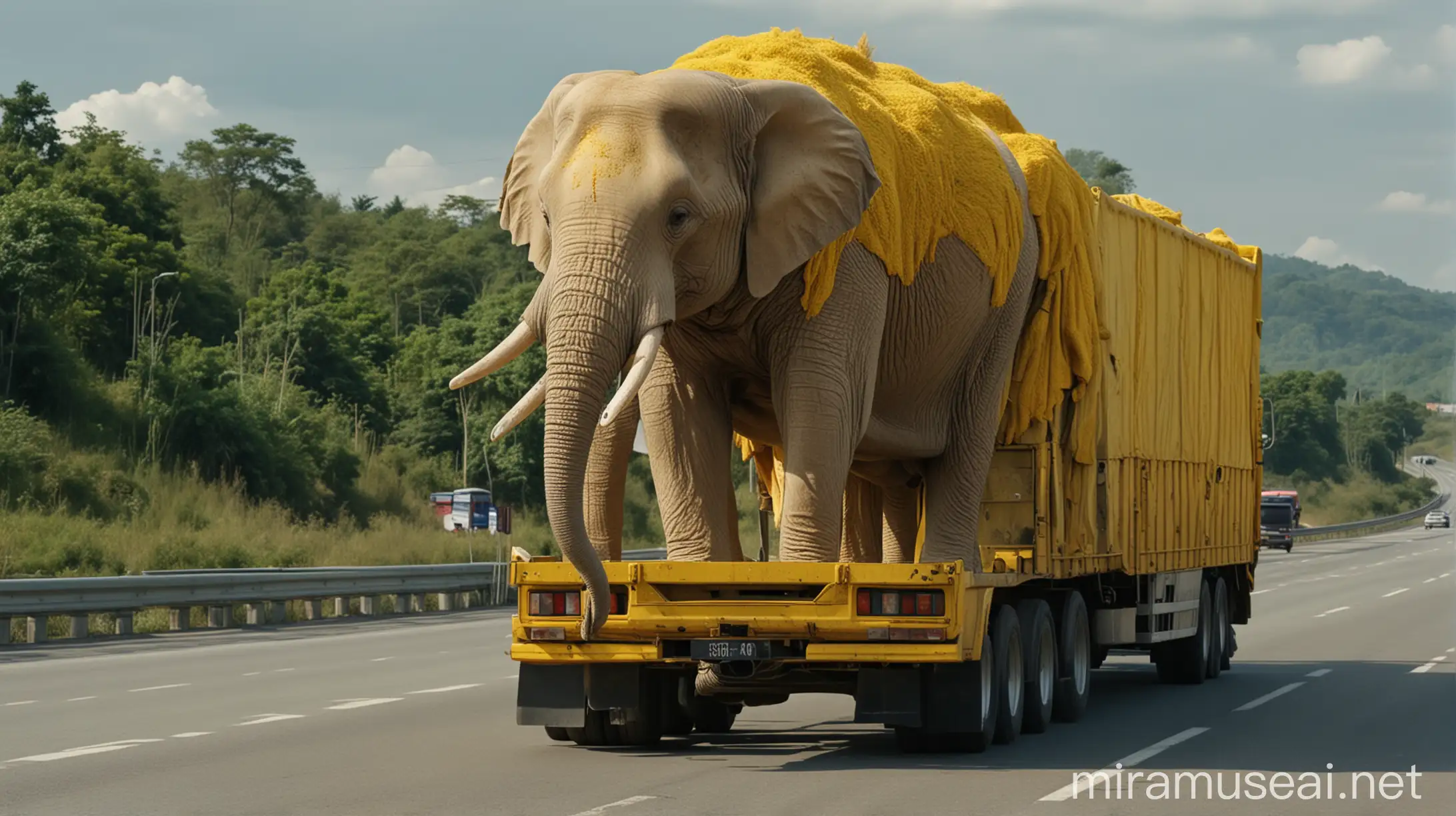 Yellow Spy Elephant Riding Truck on Highway in Ultra HD