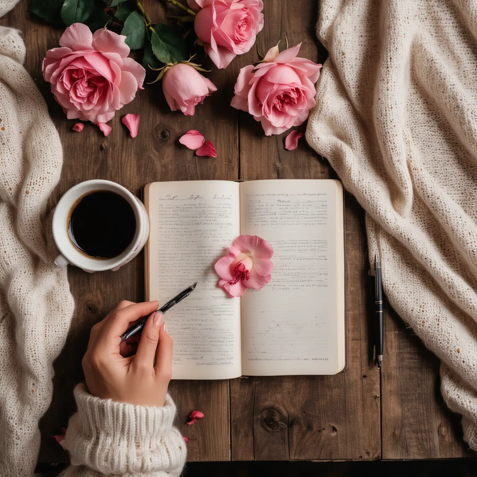 Serene Journal Writing Scene with Coffee and Roses