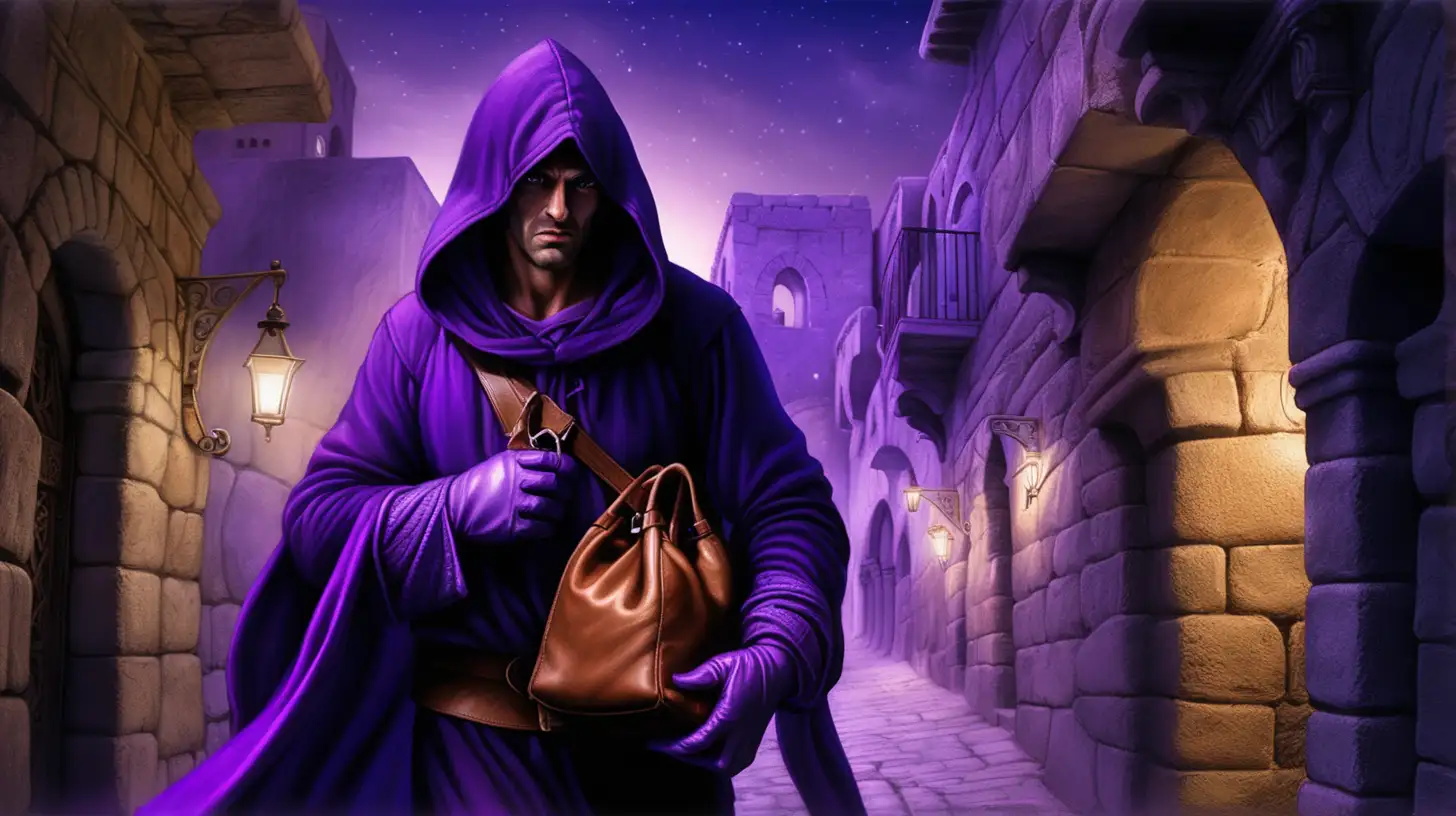 epoque biblique, un voleur avec une capuche violette tient dans sa main un sac en cuir, il marche dans une rue d'une ville hébreu antique, la nuit, ses mains sont gantées avec des gants de velour violet