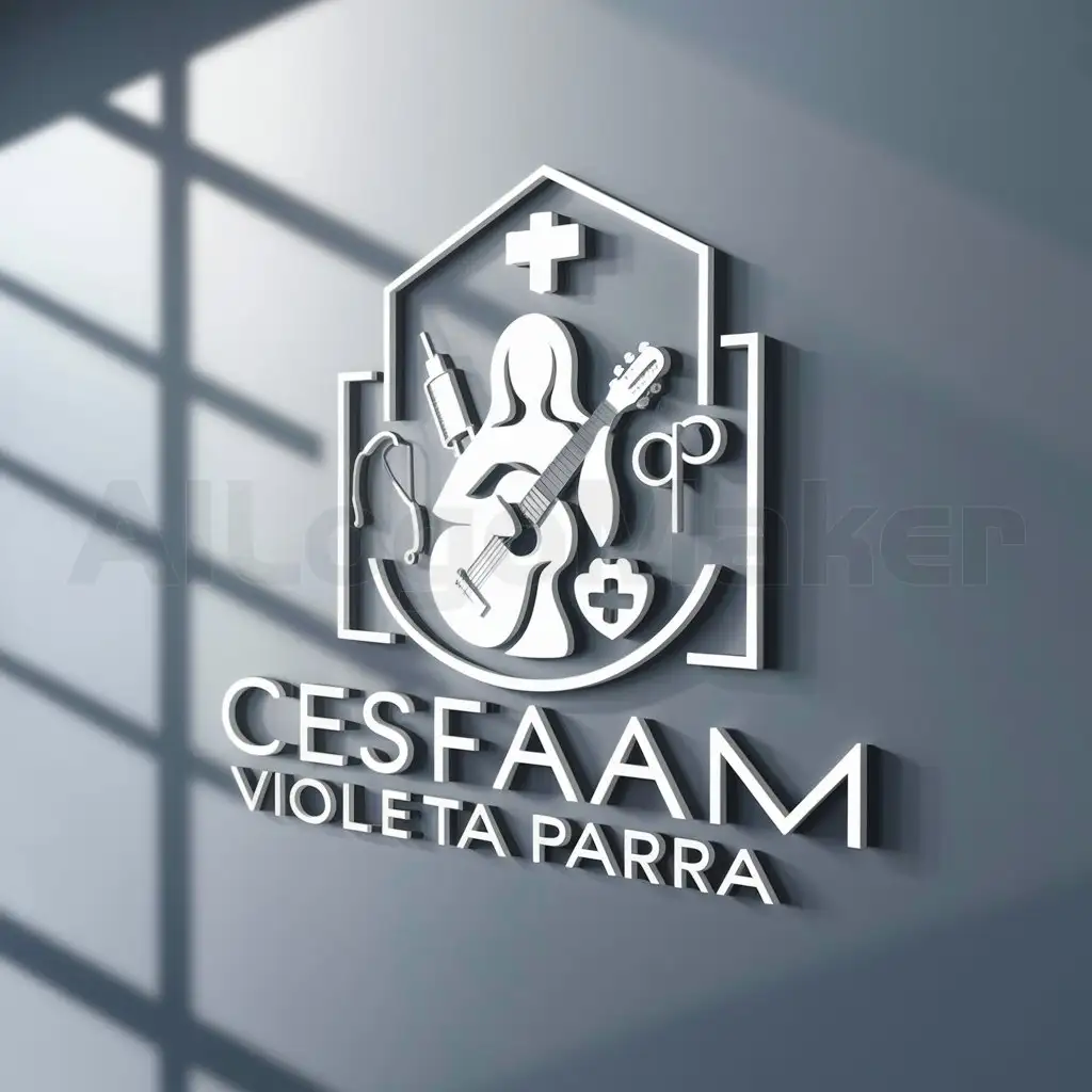 a logo design,with the text "CESFAM VIOLETA PARRA", main symbol:A WOMAN WITH A GUITAR INSIDE A HEALTHCARE BUILDING,Moderate,be used in MEDICAL industry,clear background