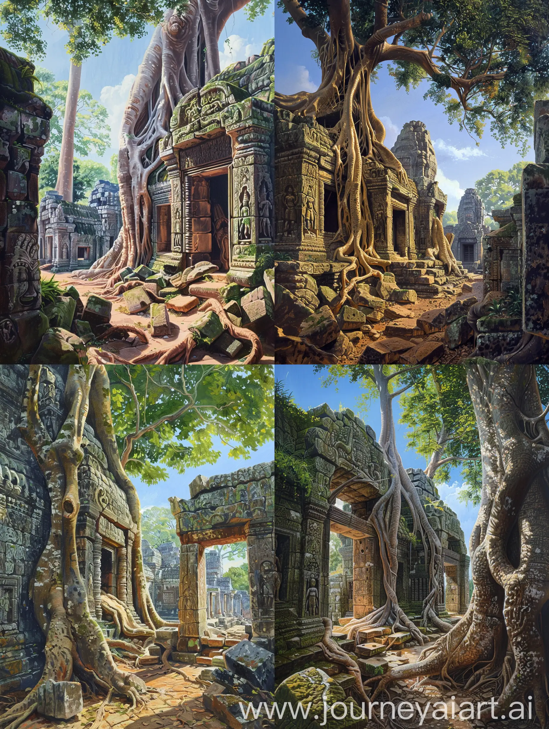 Surrealism painting, ancient temple complex that has been overtaken by the roots of a large tree. The tree's thick trunk and sprawling roots have grown over and through the stone structures, which are made of weathered stone blocks with intricate carvings. This scene is set in a tropical environment, with a clear blue sky visible through the canopy and sunlight filtering through the leaves.cinematic,vibrant
