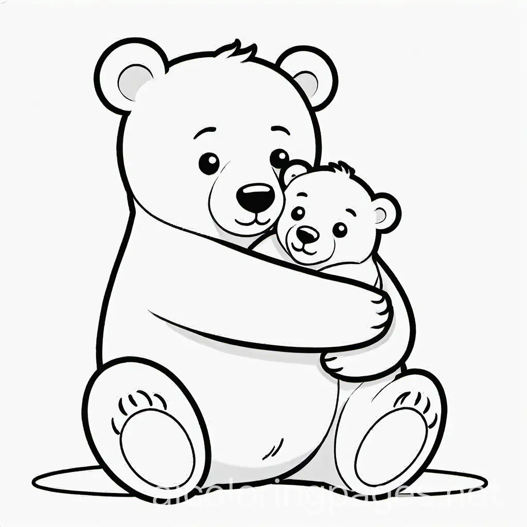Father bear hugs baby bear, Coloring Page, black and white, line art, white background, Simplicity, Ample White Space. The background of the coloring page is plain white to make it easy for young children to color within the lines. The outlines of all the subjects are easy to distinguish, making it simple for kids to color without too much difficulty