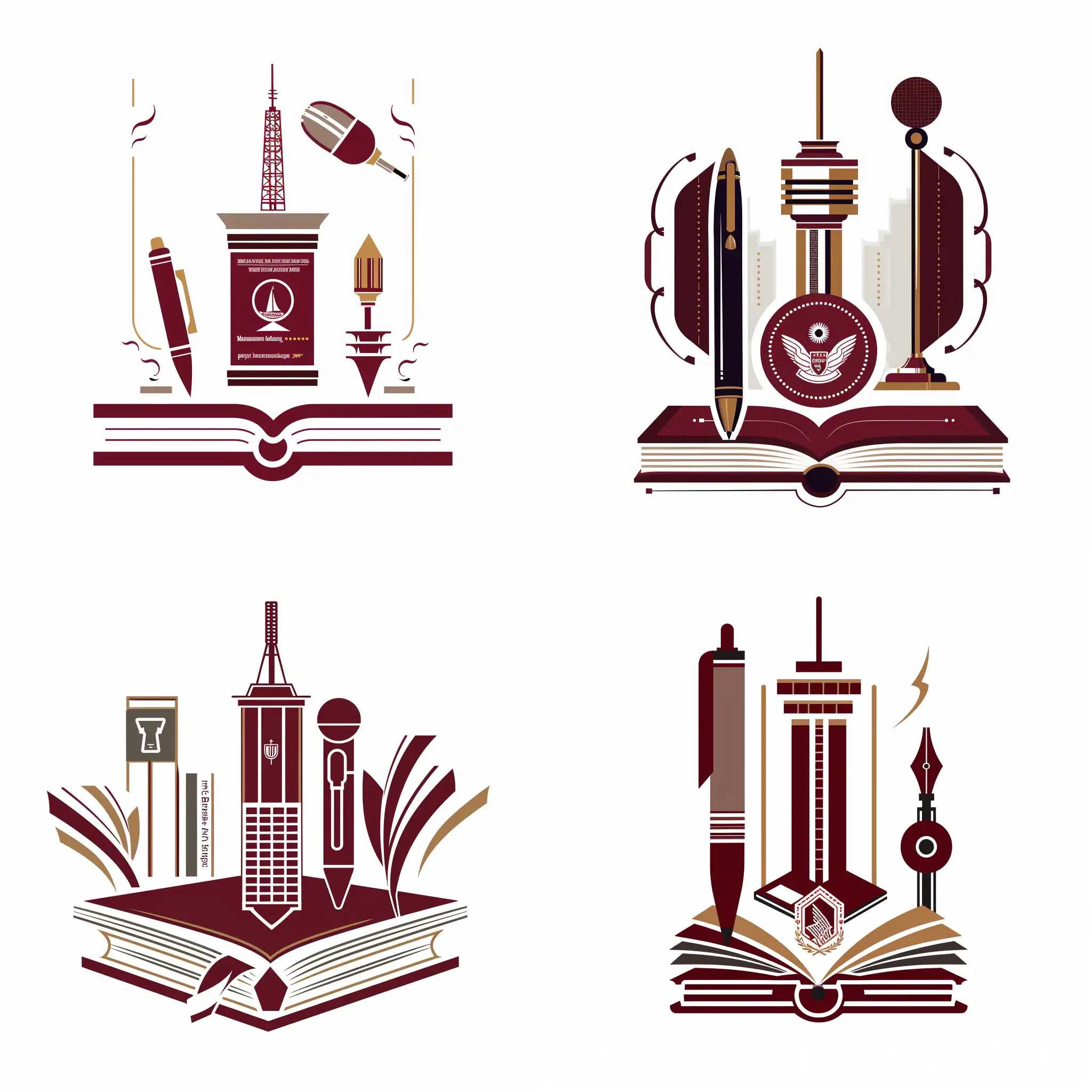 A logo design for a Party Branch, combining elements of a book, a pen, a party emblem, and a broadcast tower. The design should reflect the academic atmosphere and cultural characteristics of the journalism and communication profession. The logo should be simple, atmospheric, and highly recognizable. Use deep red and gold colors to convey dignity and elegance, with white and gray as supporting colors for visual balance. The logo should not contain any national symbols, religious elements, or inappropriate graphics. The book and pen should form the base of the logo, the party emblem in the center, and the broadcast tower or microphone above. Include a clear and concise font for the Party Branch name, in deep red or gold.