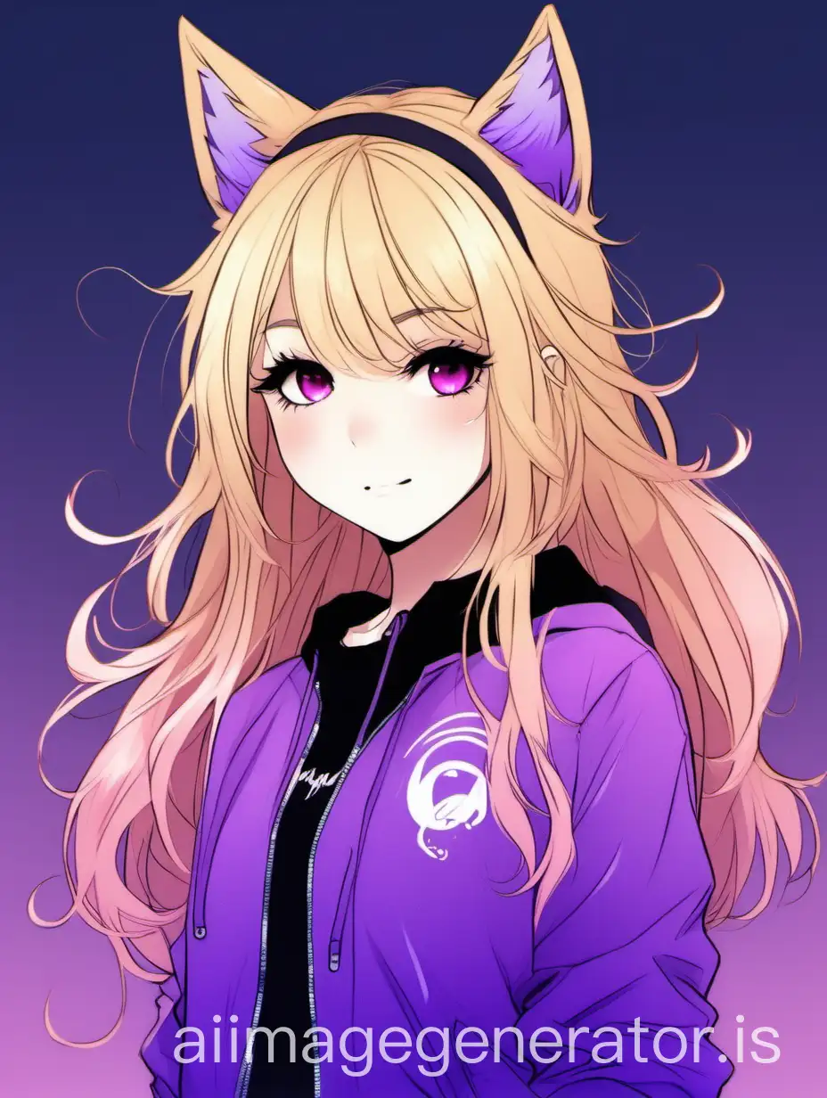 A 20-year-old girl with Blond ombre hair, Purple wolf ears' A  purple long-sleeve Top, Black pants, 