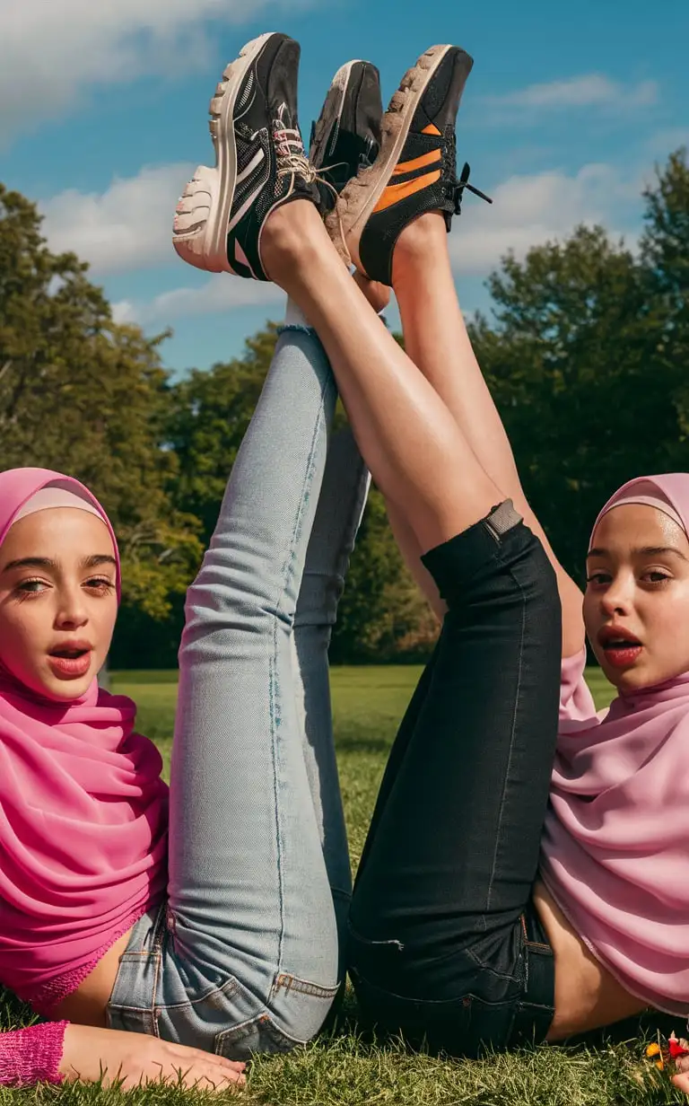 Two-Teenage-Girls-in-Hijab-and-Casual-Outfits-Relaxing-on-Grass-CloseUp